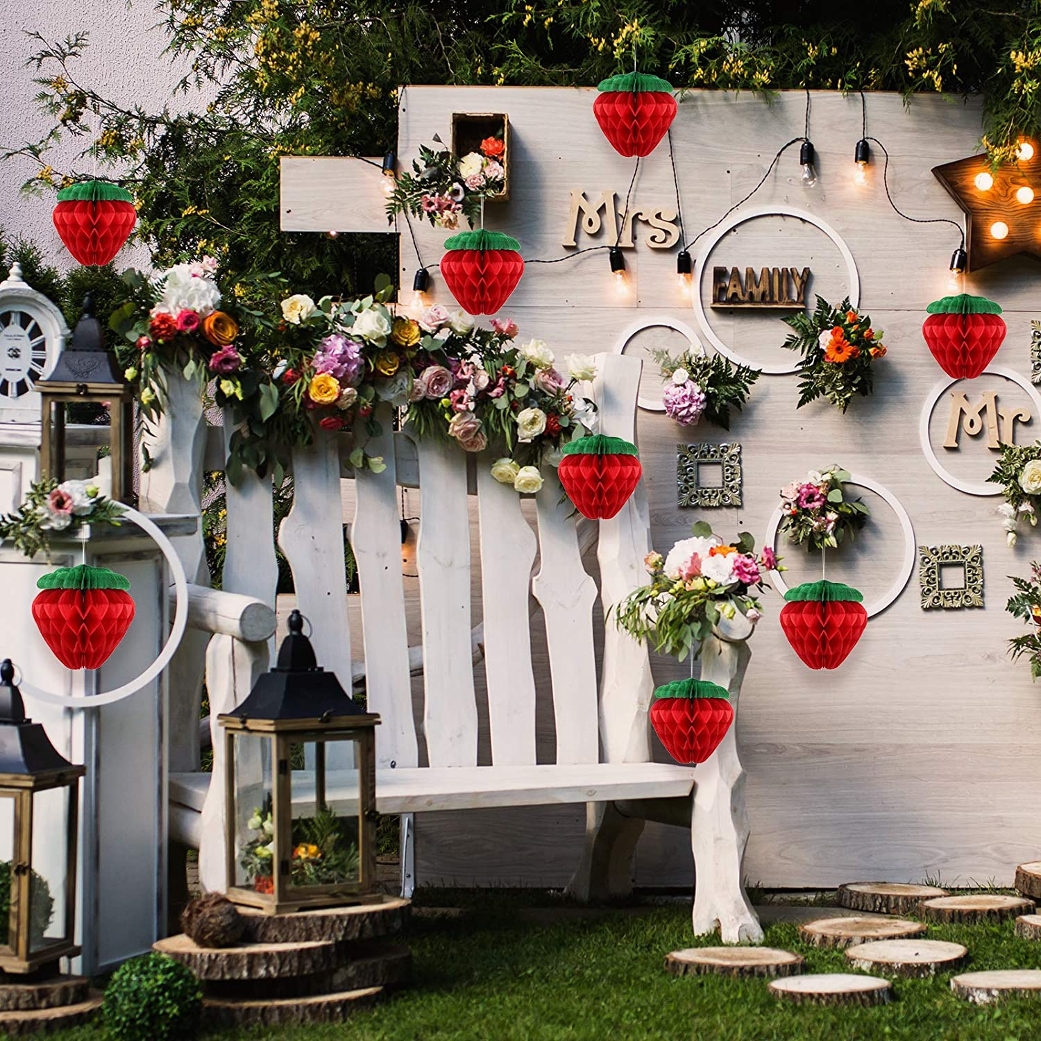 Skylety 10 Pieces 6 Inch Paper Strawberry Honeycomb Ball Tissue Paper Strawberry Ball for Birthday Party Decoration(Red) - Red image number 6