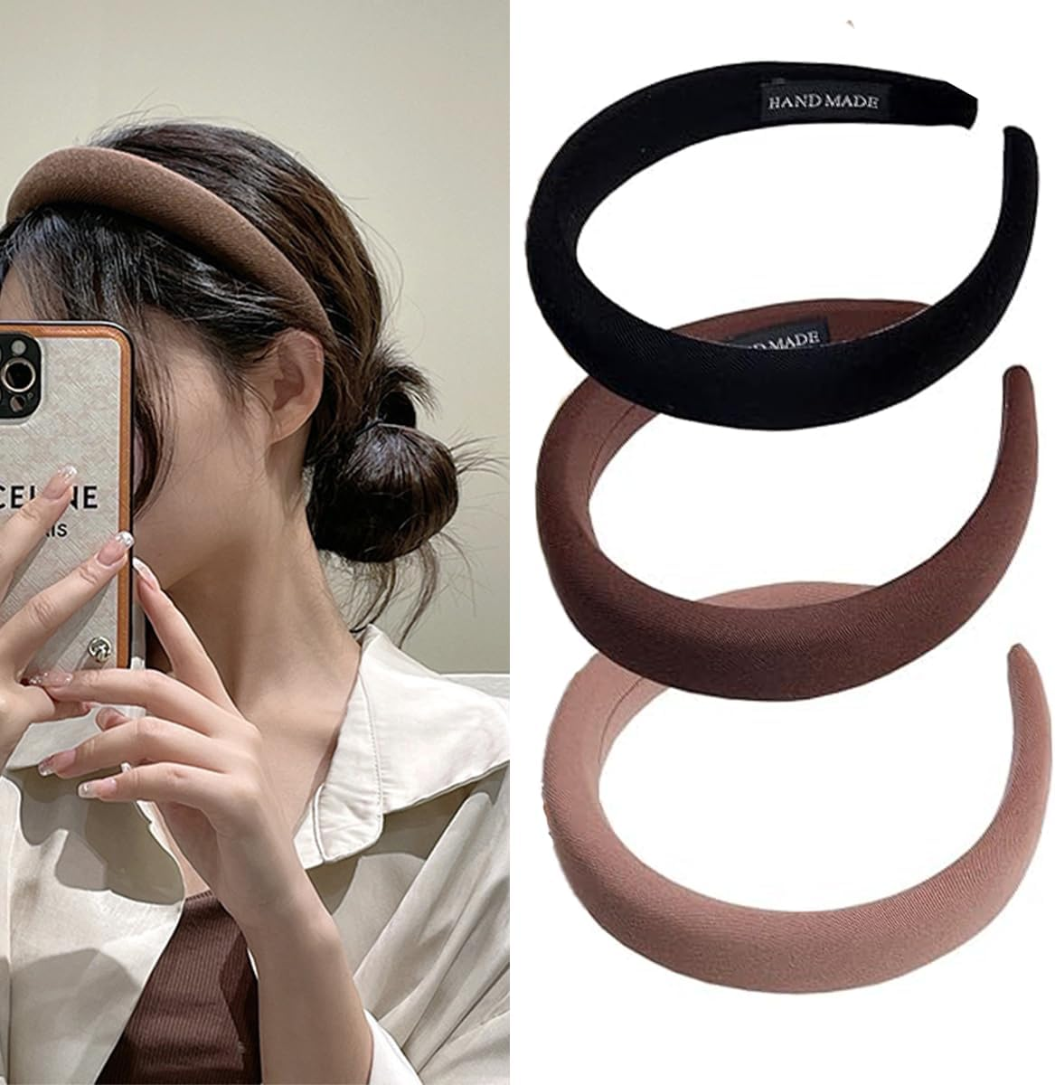 3 Pcs Wide Headbands, Women Soft Sponge Padded Non-Slip Headbands for Women Hairbands Hair Accessories(Black Brown Khaki) image number 6