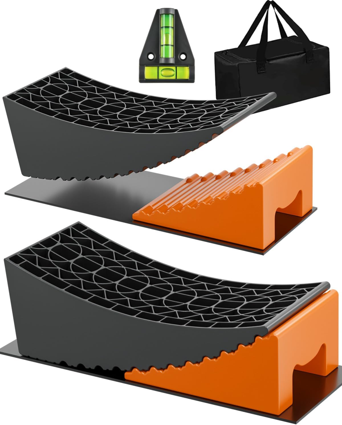 RV Leveling Blocks Ramp Kit, 2 Packs Camper Leveler System for Travel with Two Chocks, 2 Anti-Slip Mats, 1T Bubble Level and Carry Bag, up to 35000 LBS, Easier & Faster to Level Camper-Orange image number 1
