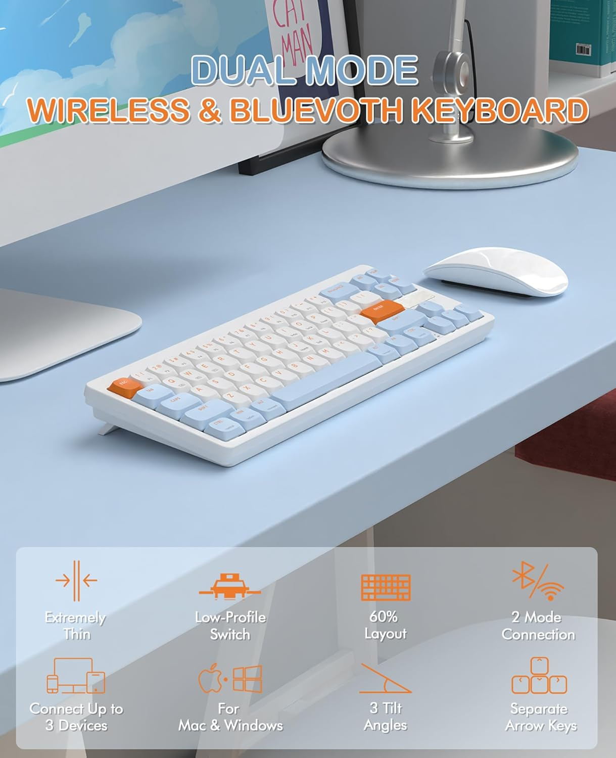 MAGIC-REFINER RKL680 Ultra-Thin Wireless Mechanical Keyboard, 60% Percent Gaming Keyboard, Apex Pro Mini 2.4Ghz/Bluetooth 5.0 Dual Mode, 68 Keys Low-Profile Linear Red Switch for Win/Mac/Tablet - White (Red Switches) image number 6