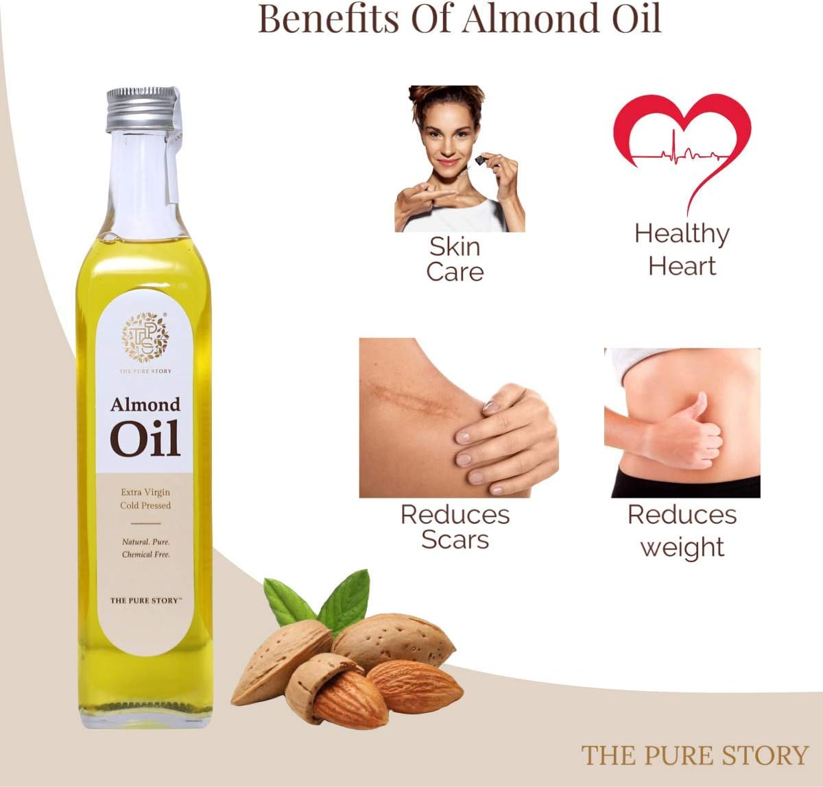 The Pure Story 100% Pure Cold Pressed Sweet Almond Oil for Hair, Skin, Face Care & Massage 100Ml