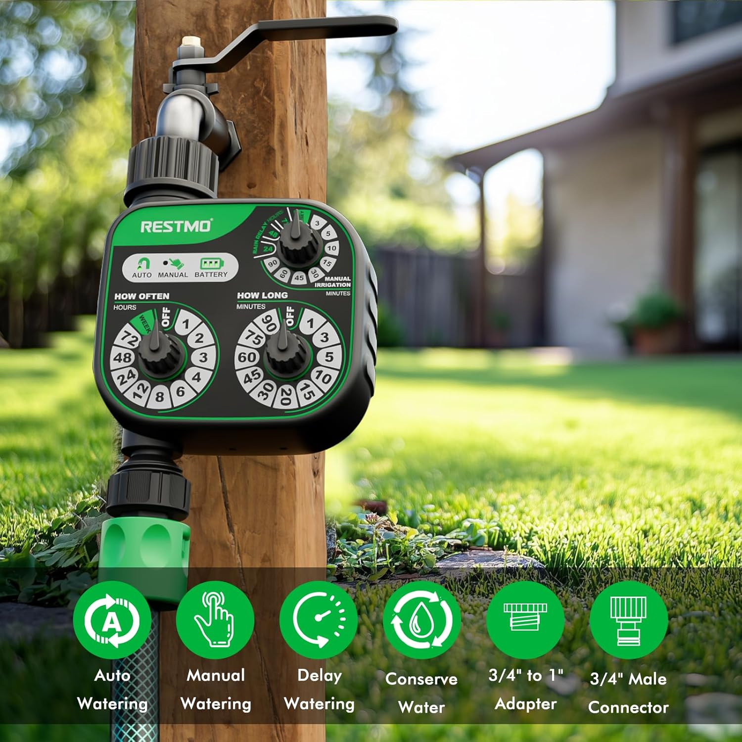 RESTMO 3-Dial Analog Water Timer, Mechnical Control Automatic Irrigation with Manual and Rain Delay, Sprinkler Timer for Garden Hose Watering, Self-Watering System, Easy to Set Up image number 6