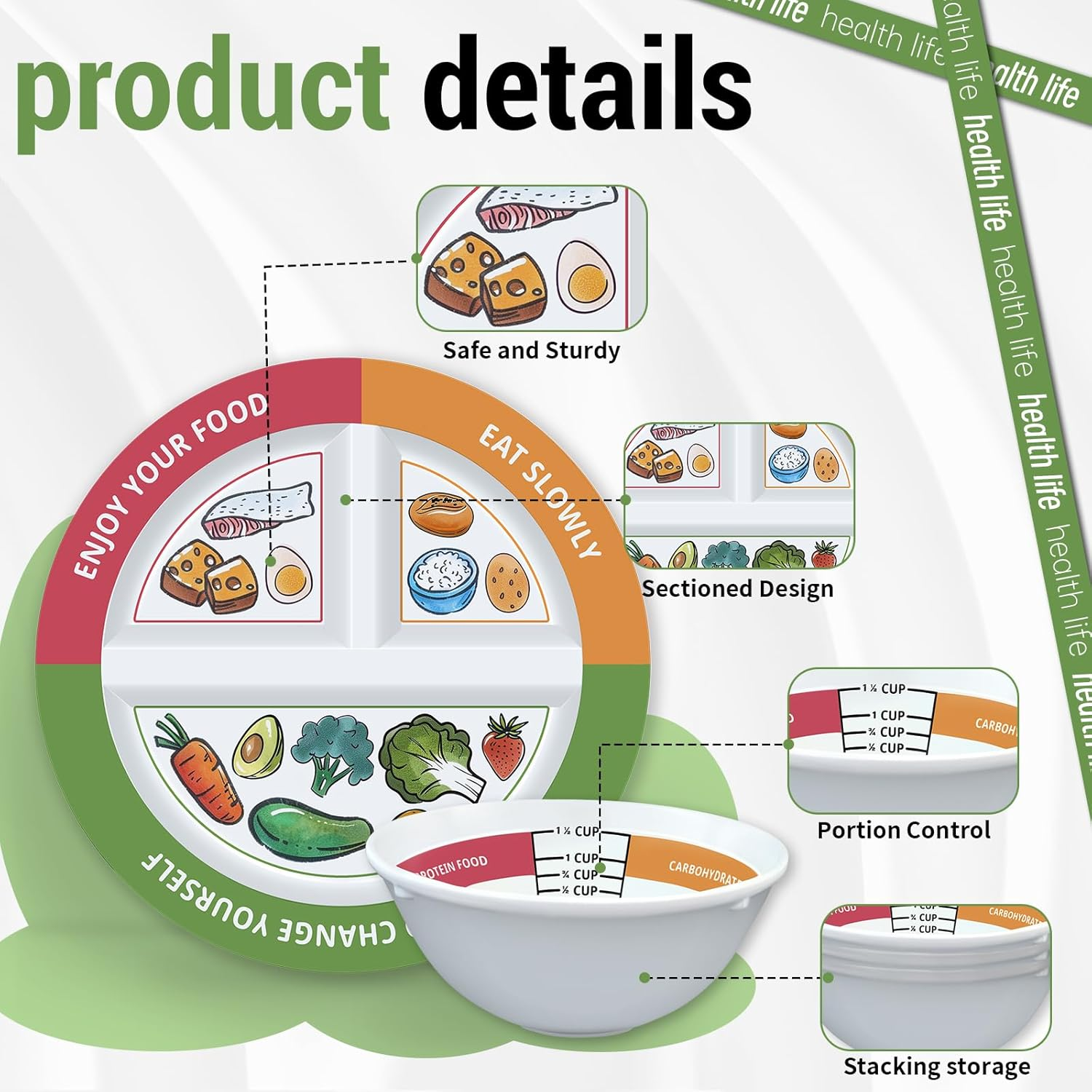 Viynran 4 Pcs Portion Control Plates & Bowls Set (9 Inch), Self-Measuring for Weight Loss, Gastric Bypass, Lapband, Diabetes, & Healthy Diets, Divided Nutrition Plates for Adults & Children image number 1