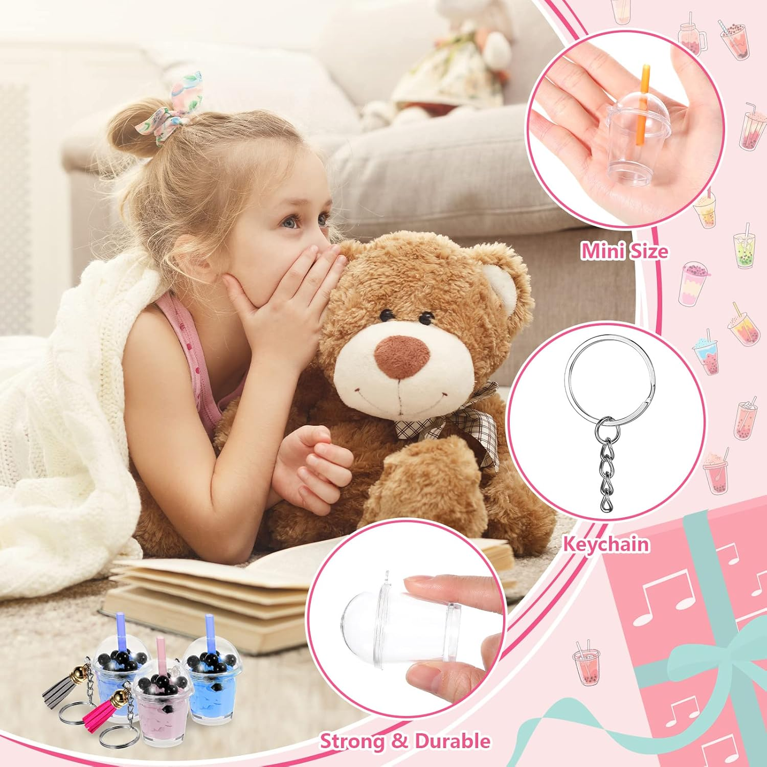 Cunno 348 Pcs Mini Milky Tea Keychain Accessories Bubble Tea Cream Glue Casting Includes 16 Keychain Rings, 16 Mini Cup Pendant Charm with 16 Tassels, 300 Bubble Beads for DIY Crafts image number 3