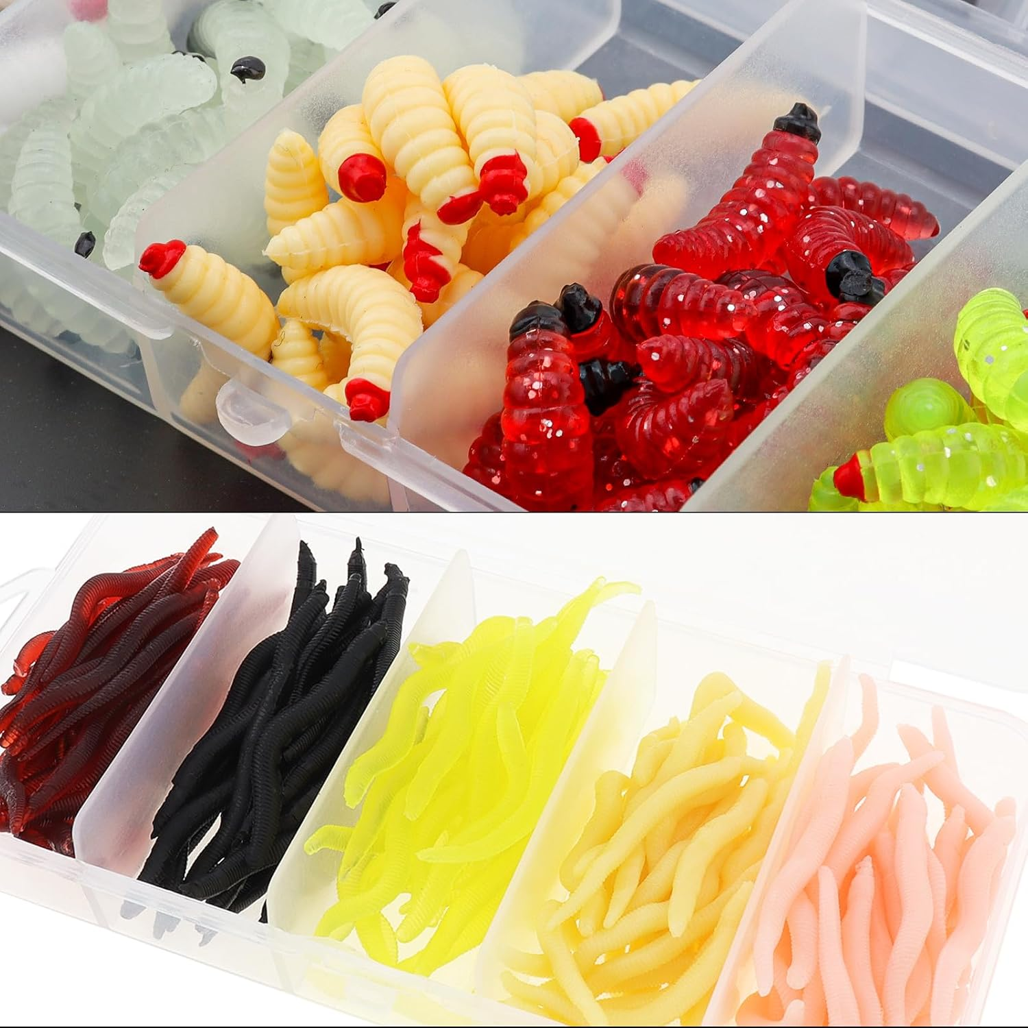 Origlam 250Pcs Soft Plastic Fishing Lures Worms Lure, Plastic Fishing Worms Fake Maggots Fake Worms Baits, Worm Bread Soft Maggots Artificial Earthworm Fishing Accessories