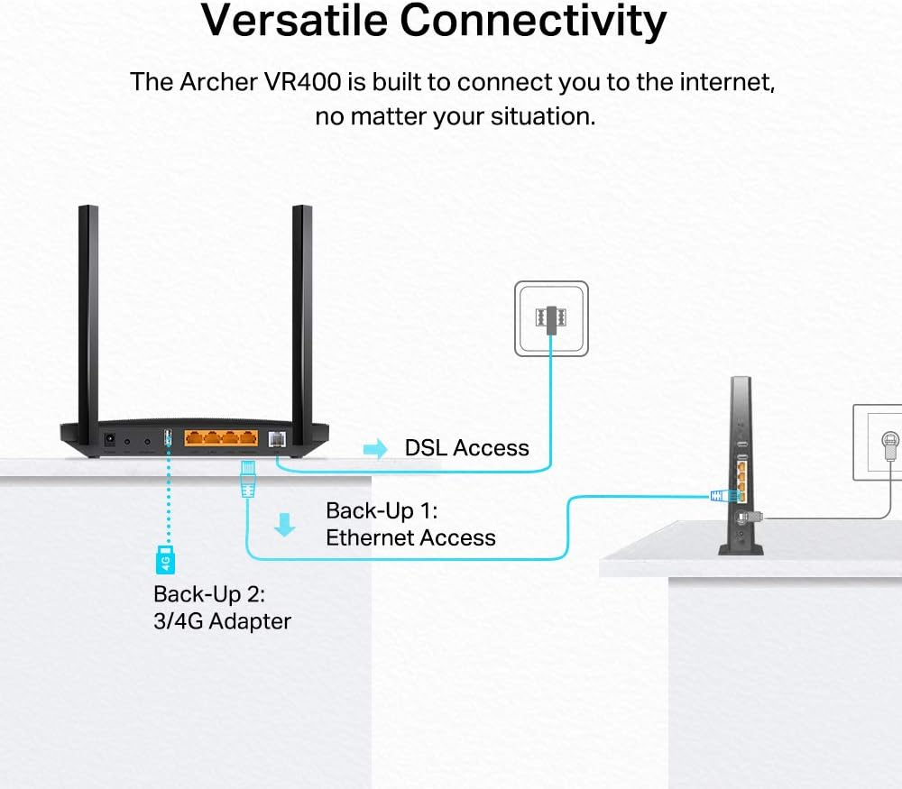 Tp-Link Archer VR400 Dual-Band Wi-Fi Router Ac1200Mbps, VDSL2 Profile 17A, VDSL/FTTC/FTTS/ADSL, 4 Gigabit Ports, 1 USB Port, RJ11, Onemesh Tp-Link Technology, MU-MIMO, Beamforming, Qos, Black