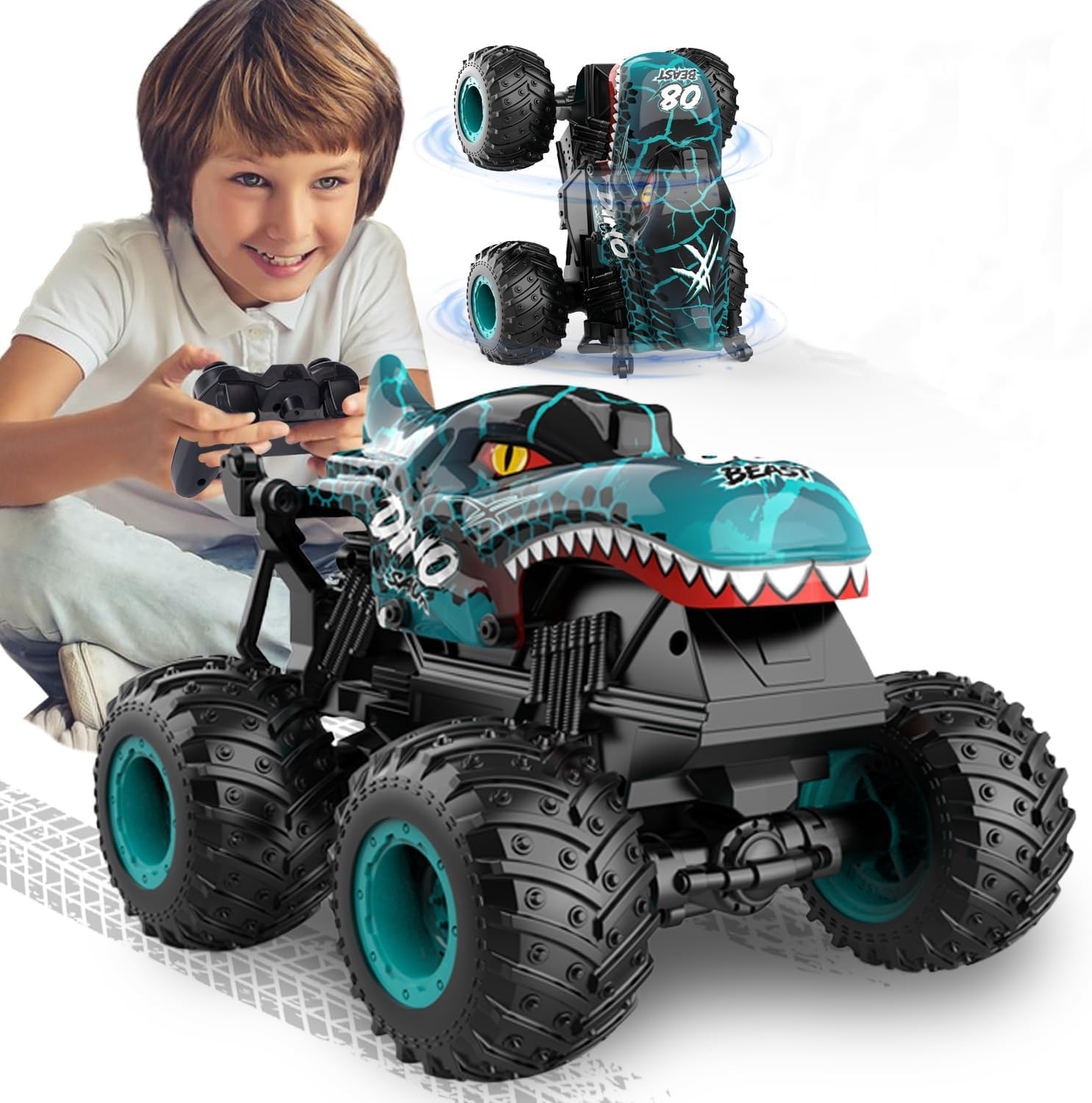 Remote Control Car, 2.4Ghz All Terrain Dinosaur Monster Truck Toys, RC Truck with Music, 3 Lighting Effects, 360 Stunt Capable, All Included Ready to Run, Toy Gifts for Boys and Girls (Cyan)