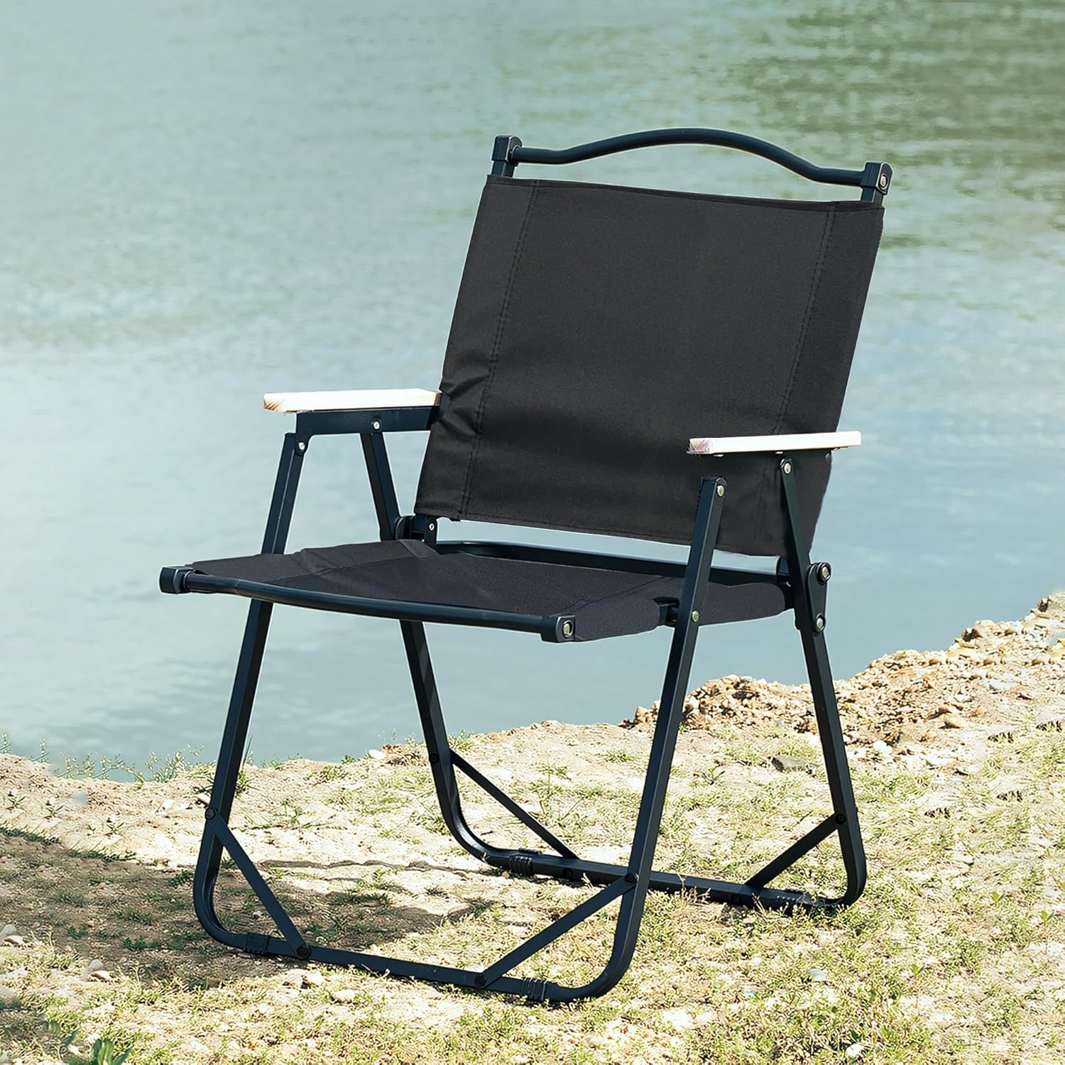 Folding Camping Chair - Lightweight, Portable & Sturdy with Wooden Armrests - Durable Outdoor Chair Camp Seat for Adults, Beach, Picnic, and Patio (Black)