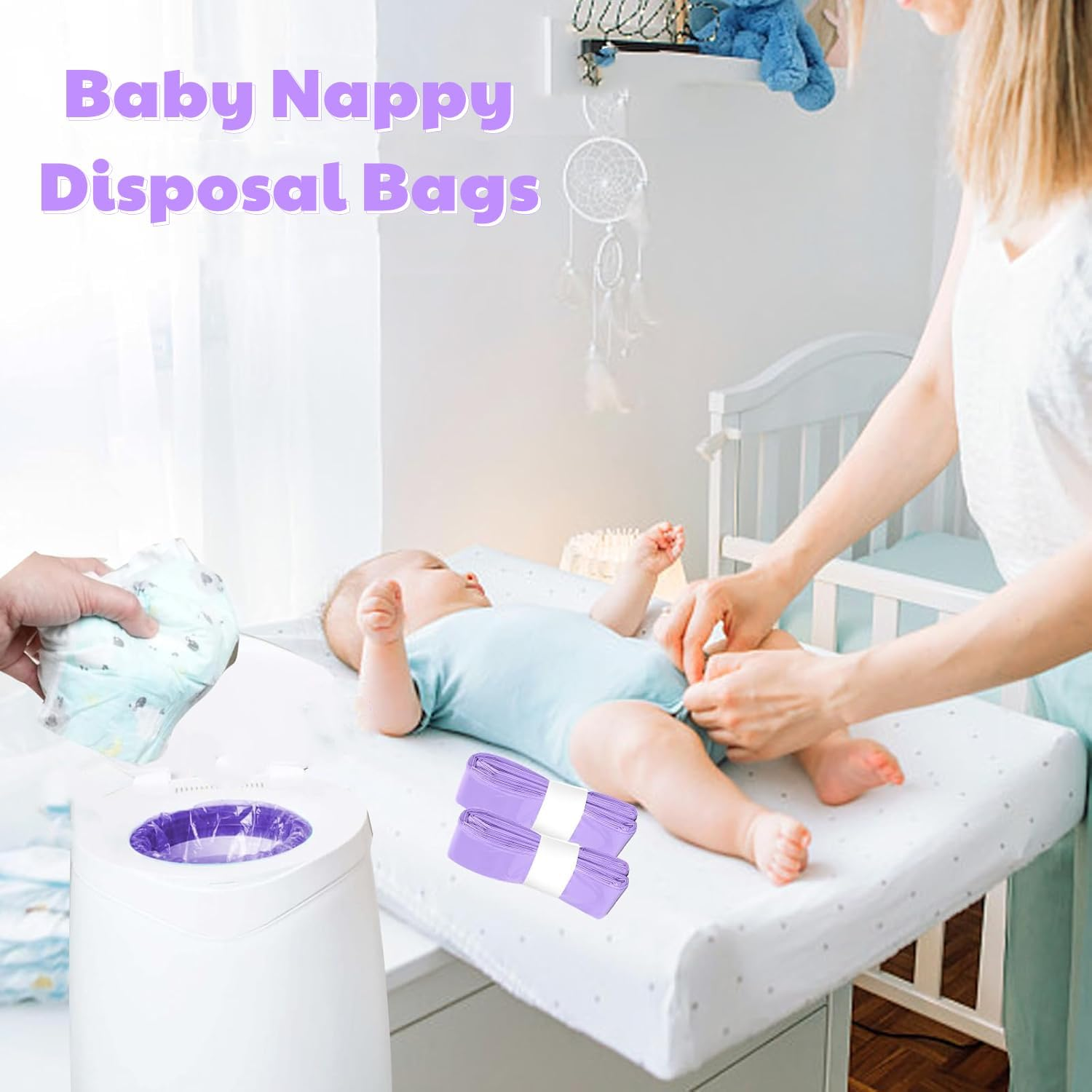Nappy Bin Refill Bags Diaper Pail Refills Bag Diaper Bin Bags,4.5M Odor Blocking Diaper Pail Liner Cat Litter Refill Garbage Bags (8Pcs-Purple) image number 4