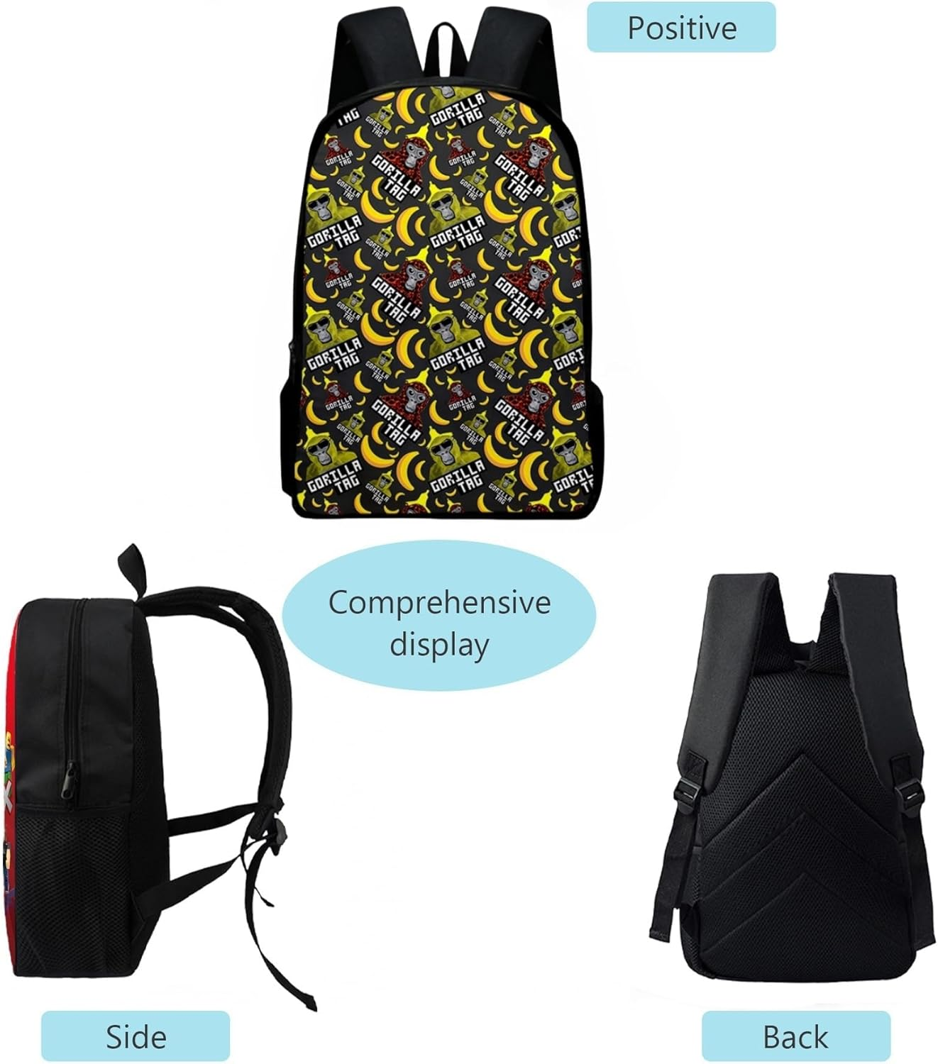 3Pcs Anime Gorilla Backpack Set,16In 3D Printed Cartoon School Bags for Elementary and Middle School Students and Game Fans Teens Birthday Gift. - C image number 3