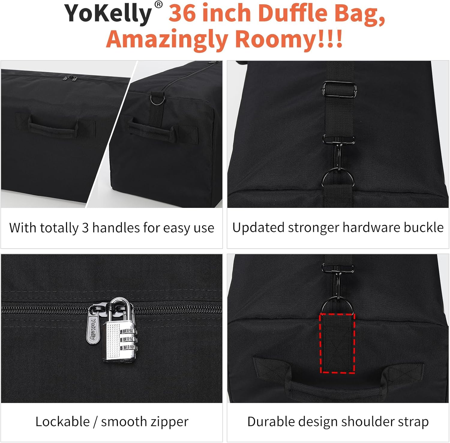 Yokelly 100L Large Duffle Bag - 36 Inch Heavy Duty Luggage Bag for Travel/Camping - Black, Black-Pro, 36&rdquo; X 13&rdquo; X 13&rdquo;, Large Duffel Bag image number 6