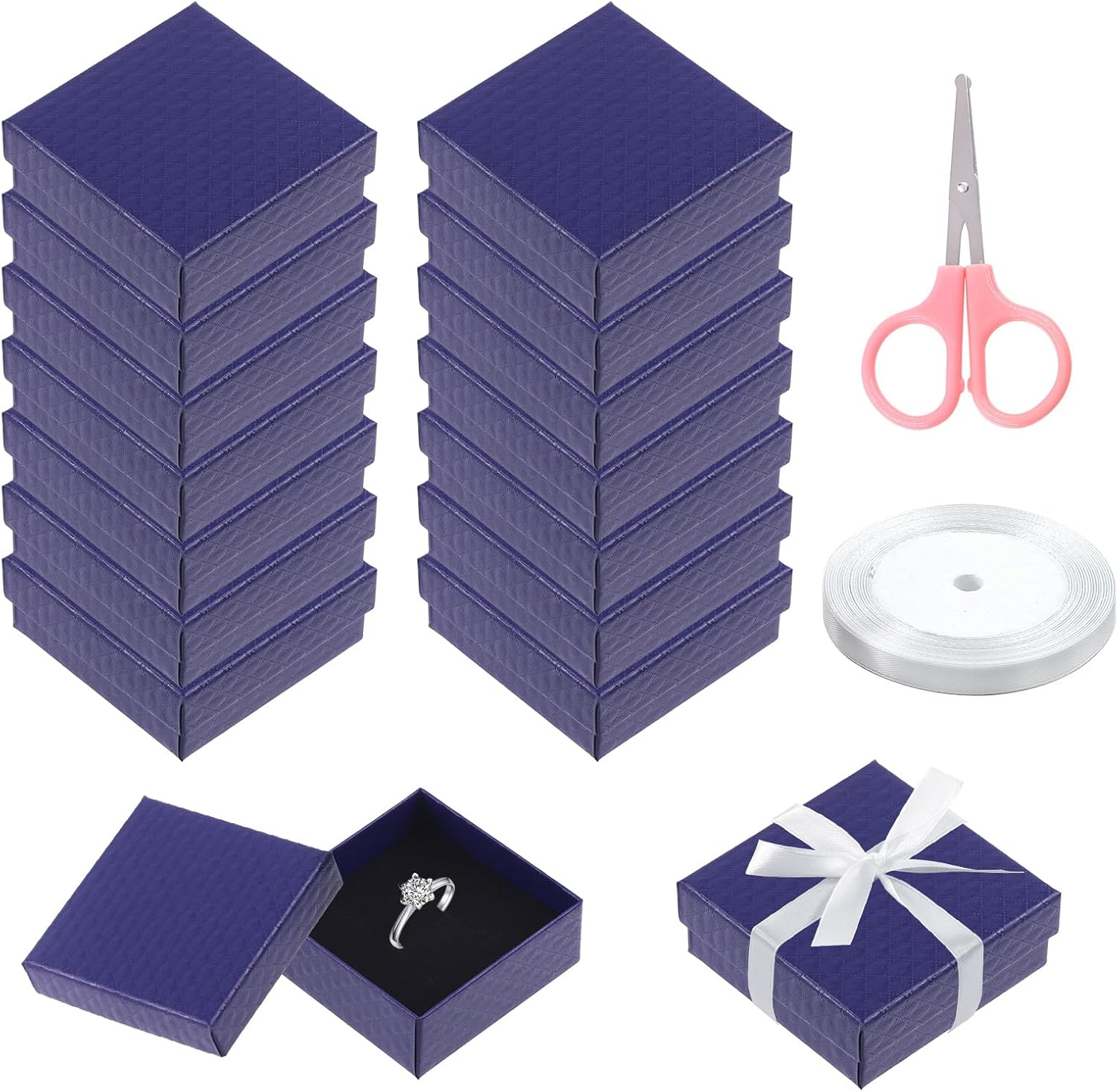 Swpeet 17Pcs 2.95 X 2.95 X 1.2Inch Sapphire Blue Fan Pattern Cardboard Jewelry Gift Boxes with Scissors and Polyester Ribbon Assortment Kit, Necklace Earring Bracelet Boxes Gift Case for Jewelry
