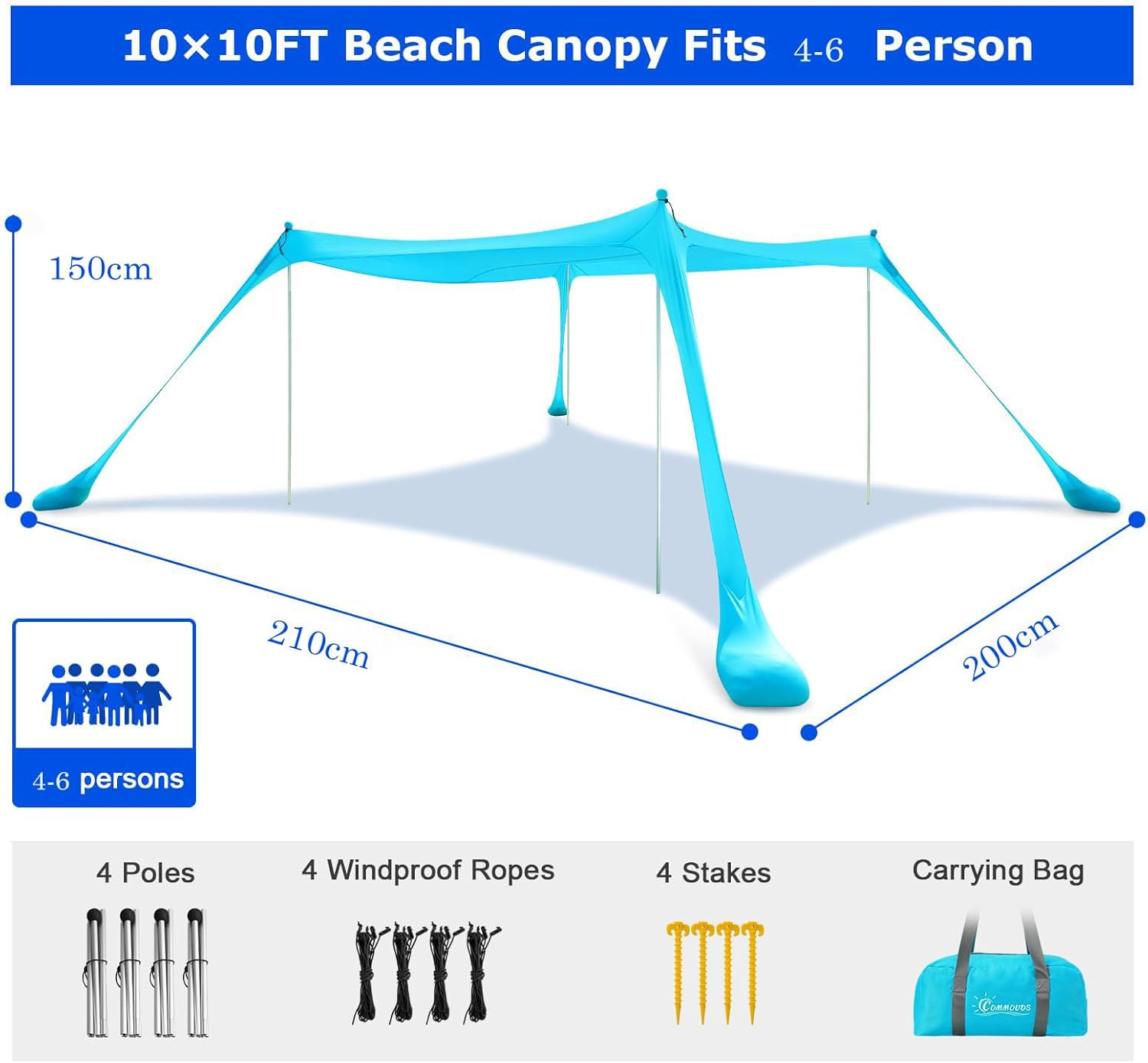 Homodoskey Beach Tent, Camping Sun Shelter with UPF50+ Protection, Sand Shovels, Ground Pegs and 4 Stability Poles, Outdoor Pop up Beach Shade Canopy, Backyard or Picnics (200 * 210 * 150Cm) image number 4