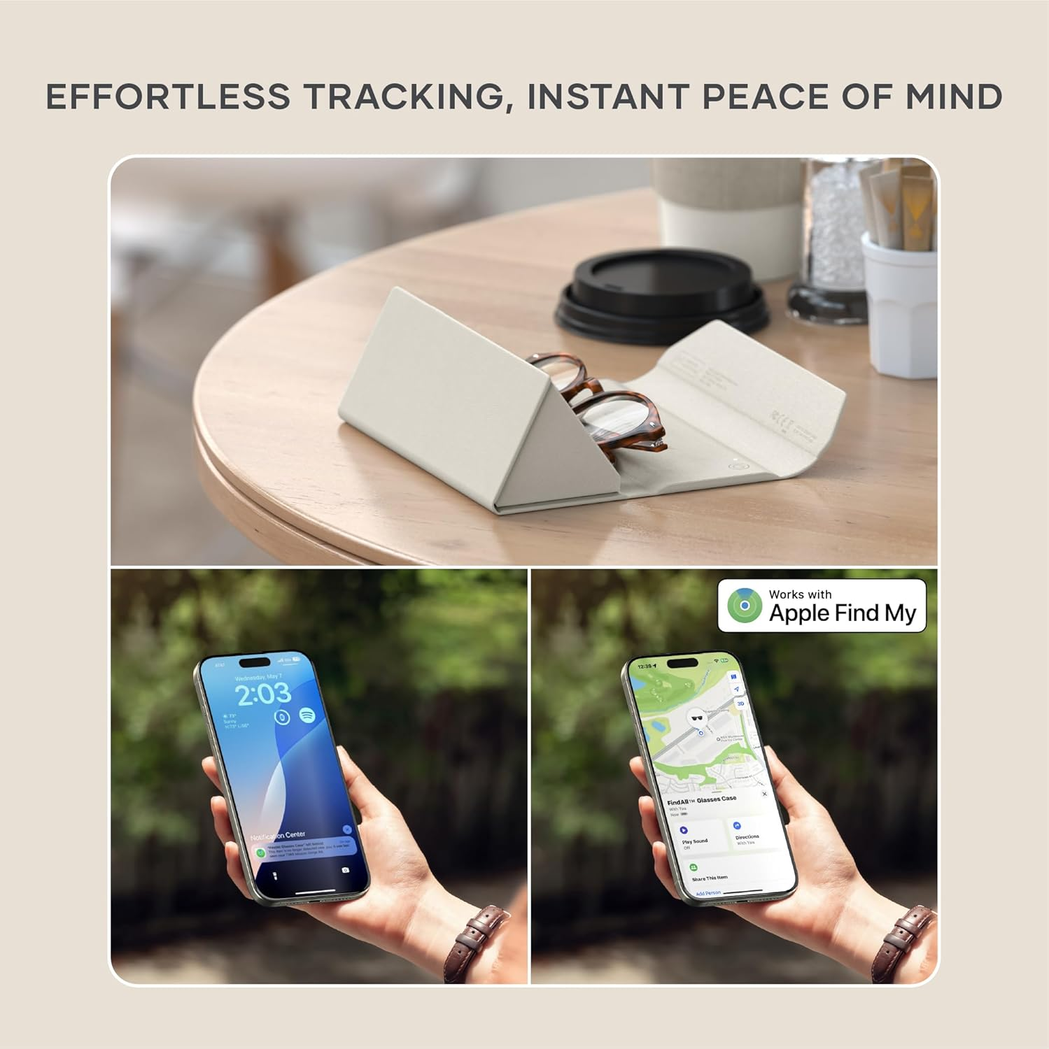 Satechi Findall Smart Glasses Case with Find My, Foldable & Portable, Wireless Rechargeable, Left-Behind Alerts, Loud Audible Chime, Compatible with Most Glasses & XR/AR Glasses &ndash; Sand - Sand image number 5