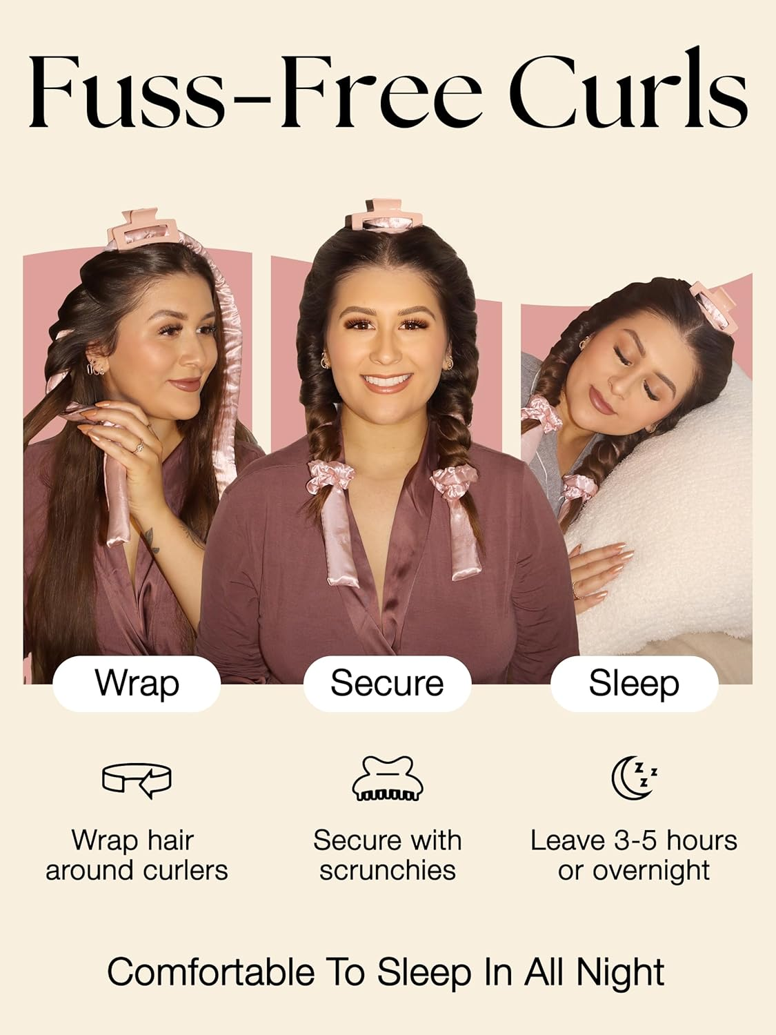 Lily England Heatless Hair Curlers to Sleep in - No Heat Curling Gift Set Includes Satin Headband, Hair Clip, Comb & 2 Scrunchies - Sleek & Smooth Overnight Curls (Peach, 6 Pack) image number 2