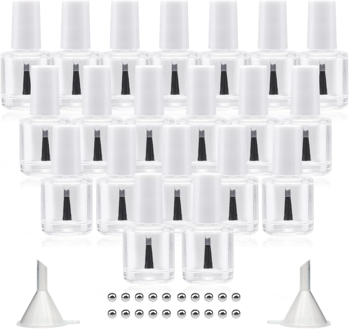 Agidea 20PCS Empty Nail Polish Bottles with Brush White Cap, 10ML Empty Clear Glass Refillable Nail Fingernail Polish Bottles Circle with Mixing Beads & Funnels, 0.35 OZ image number 2