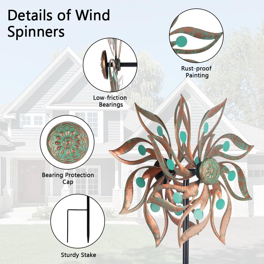 Viveta Metal Wind Spinners Outdoor,Vintage Kinetic Wind Spinner Garden Pinwheels with Metal Stake for Patio,Lawn,Garden,Creative Gifts for Women, 59 * 13.4 Inch, Rusty Red-Green