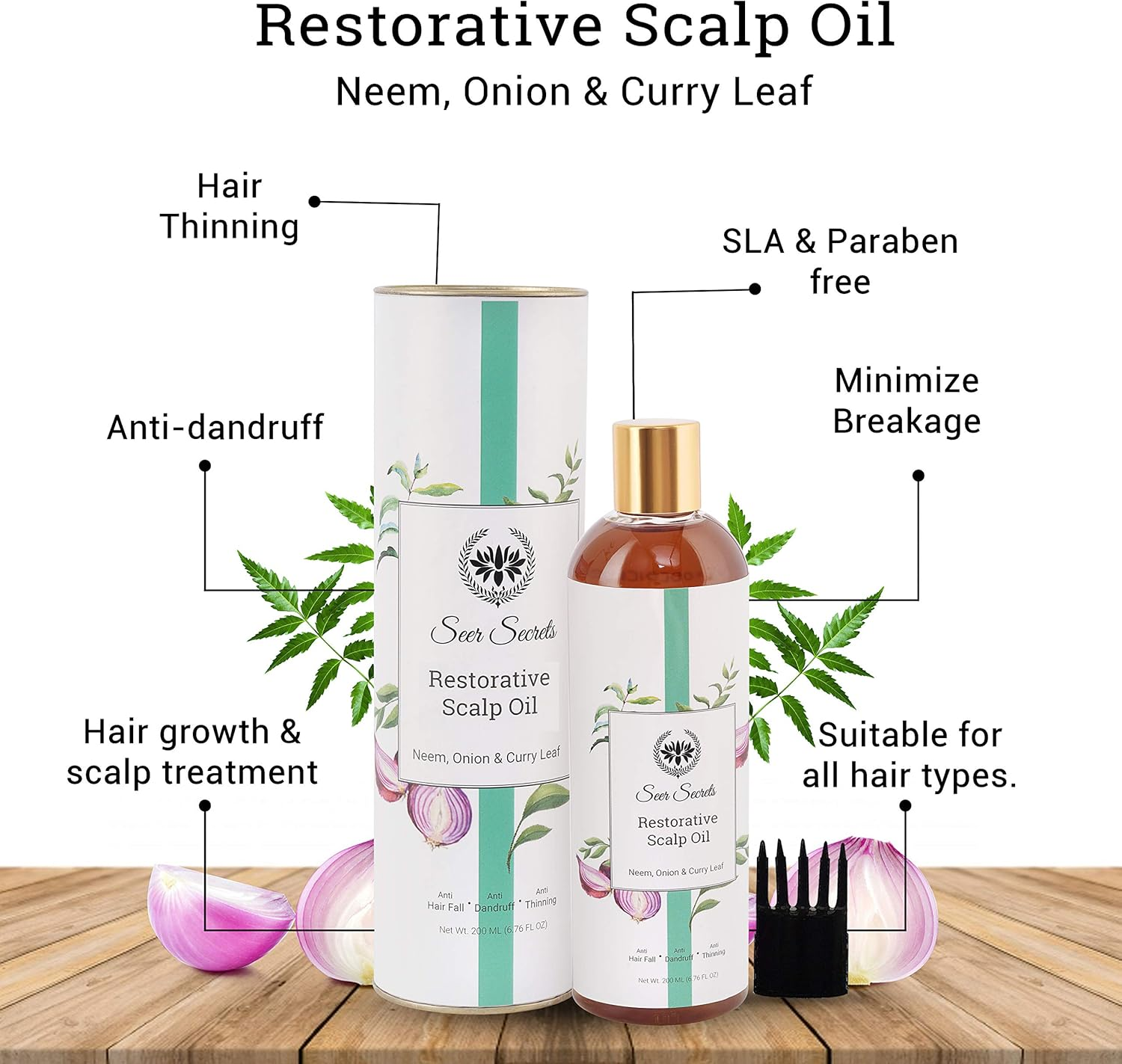 Seer Secrets Natural Onion Hair Pack of Restorative Scalp Curry Leaf, Neem & Onion Hair Oil 200 ML & Seer Secrets Probiotic Root Strengthening Yogurt, Curry Leaf & Onion Shampoo 200Ml- Combo Pack image number 3