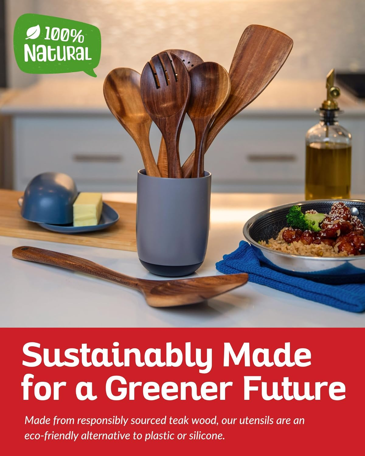 Luxury Teak Wood Utensil Set - Elegant 6-Piece Cooking Ensemble Including Spoons, Server, Scraper & Spatula - Expertly Crafted for Culinary Excellence image number 4