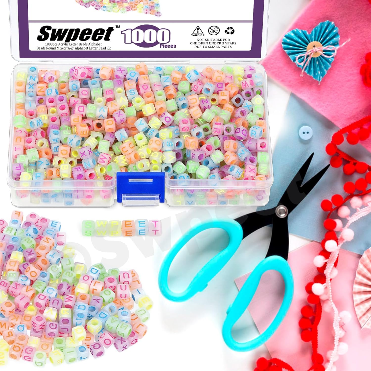 Swpeet 1002Pcs Glow Letter Beads A-Z Colorful Alphabet Beads with Stretch Bead Cord and Scissors, Glow in the Dark Cube Beads for Jewelry Making DIY Bracelets, Necklaces, Keychain image number 5