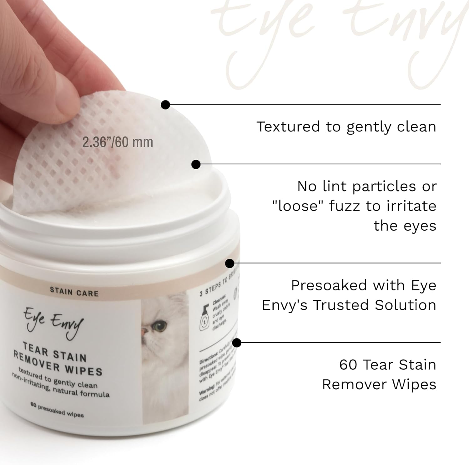 Eye Envy Tear Stain Wipes for Cats | Textured to Gently Clean, Treats the Cause of Staining | 100% Natural Formula | Recommended by Persian & Exotic Breeders, Vets, Groomers | 60 Ct image number 5