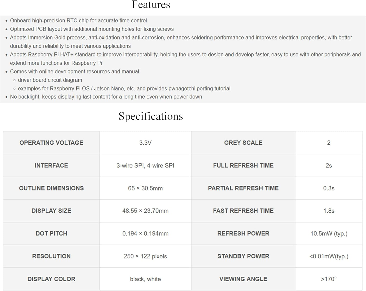2.13Inch E-Paper HAT+ for Raspberry Pi 5/ 4B/3B+/3B/2B/A+/Zero W/Wh/Zero 2 W/Jetson Nano, E-Ink Display HAT+ Standard 250X122 Pixel SPI Interface with Pwnagotchi Tutorial Support Partial Refresh image number 2