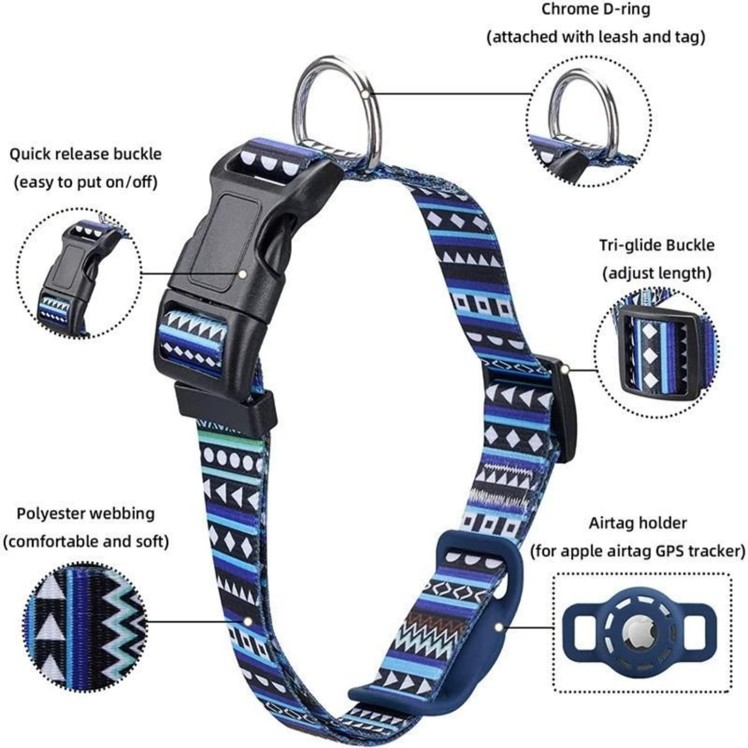 PUSHY. D Airtag Cat & Dog Collar Bohemian Soft Rubber Airtag Protective Case Polyester Dog Collar Adjustable Soft Ethnic Style Colar Suitable for Large, Medium and Small Dogs and Cats(Blue,M) image number 6