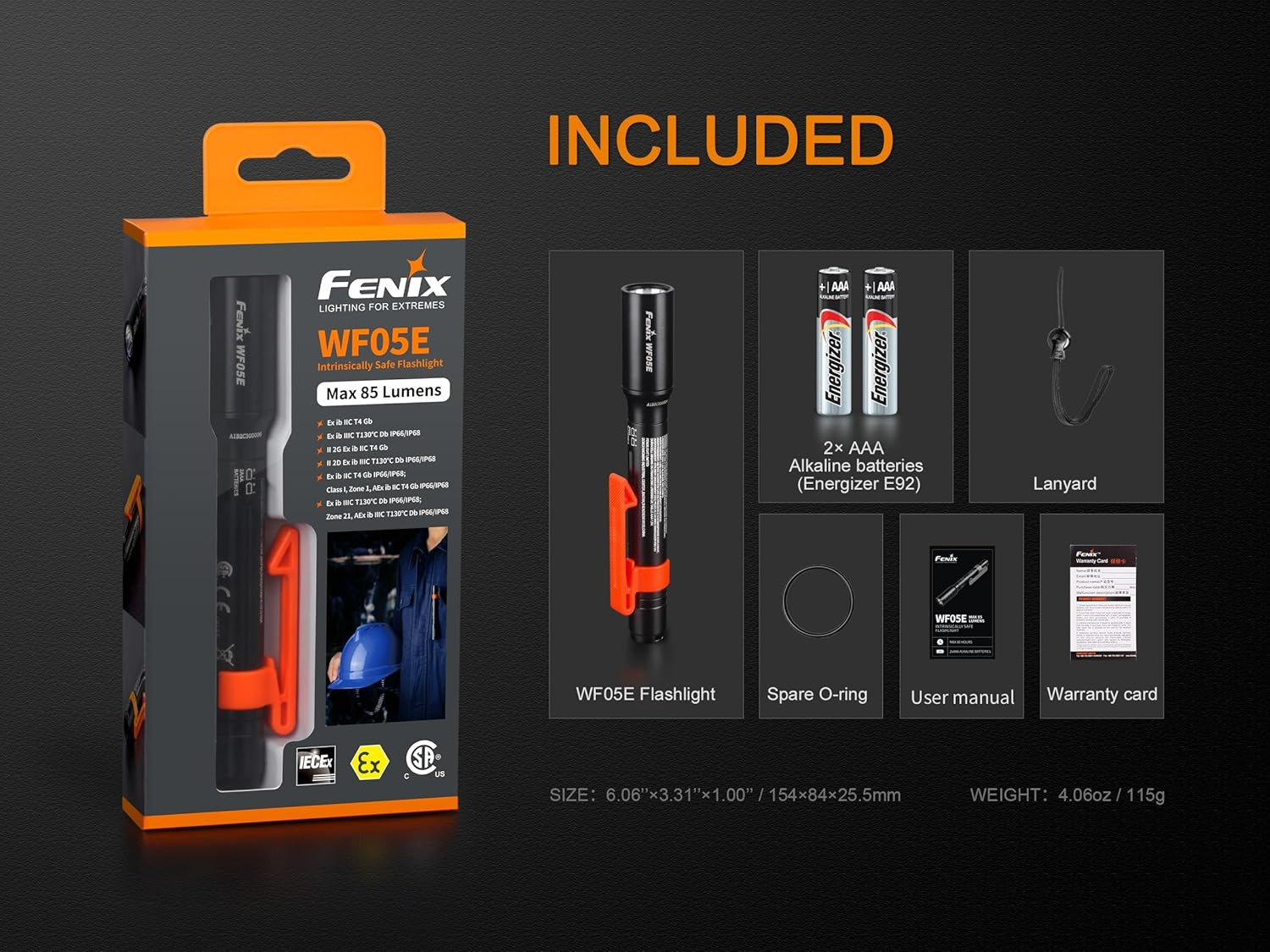 Fenix WF05E Intrinsically Safe Flashlight - IP68 Waterproof & Dustproof Torch - Flame Proof Torch - Neutral White LED Torch - Durable & Design Flash Light - Easy to Use Rechargeable Torch - Black