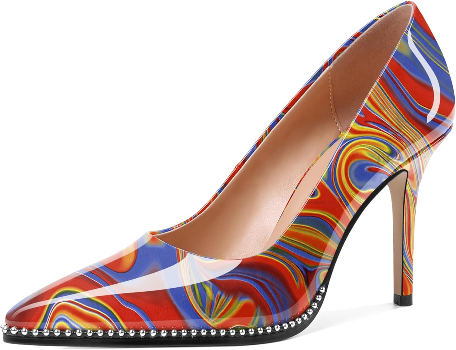 SAMMITOP Women Beaded Pumps Closed Pointed Toe High Heel Slip on Stilettos 3.5 Inch Sexy Heeled Dress Shoes Patent Leather image number 7