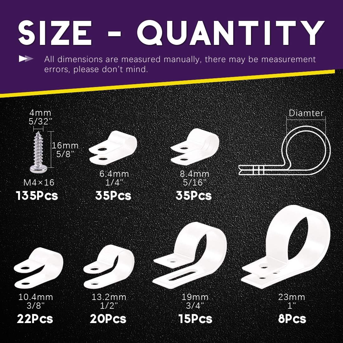Swpeet 135 Pack 6 Sizes White Nylon Plastic R-Type Cable Clips Clamp Assortment Kit, 1/4" 5/16" 3/8" 1/2" 3/4" 1" Nylon Screw Mounting Cord Fastener Clips with 135 Pack Screws for Wire Management image number 6