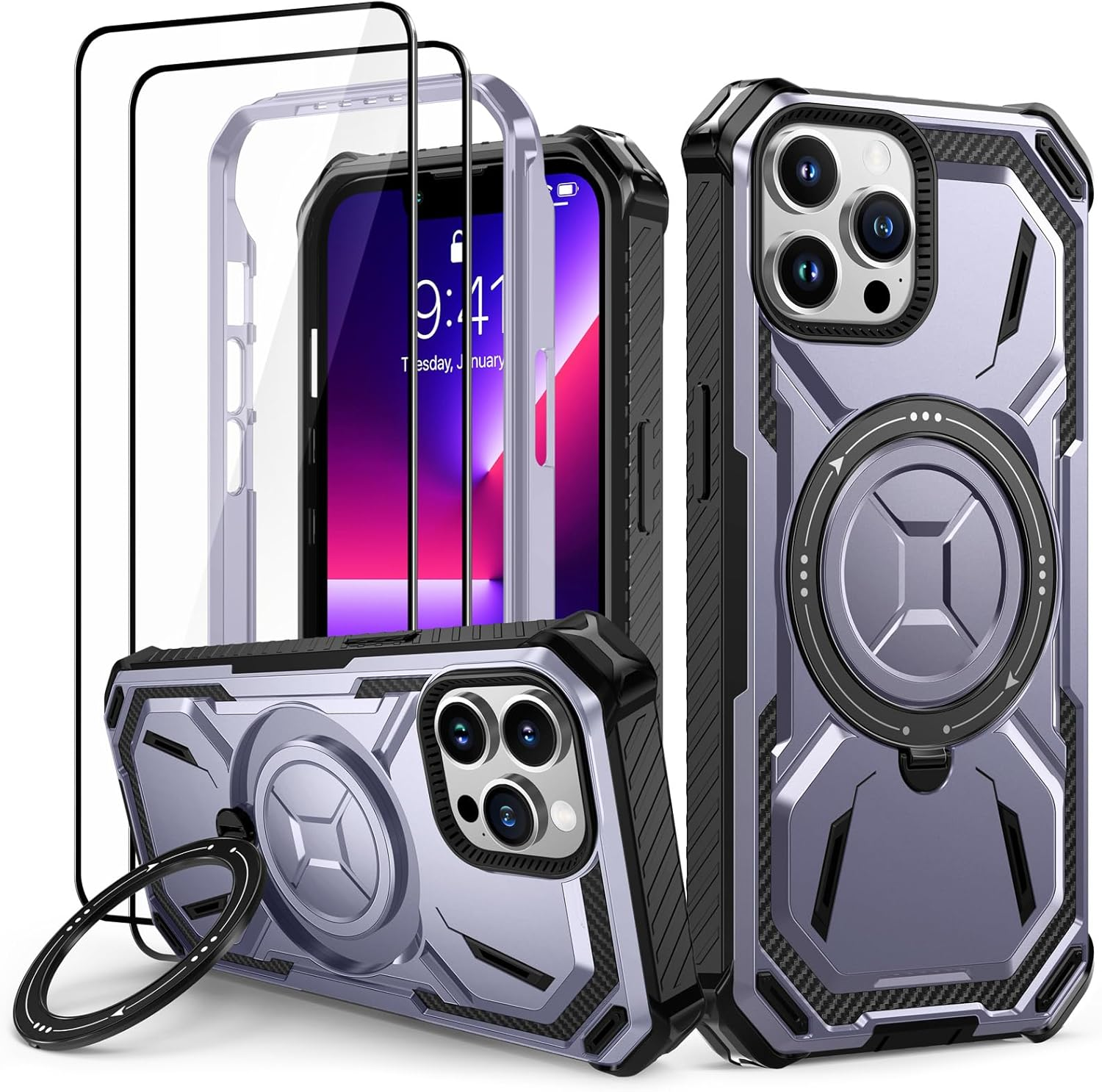 Lanhiem Mobile Phone Case for Iphone 11 Pro Case with 2 Pieces Tempered Glass and 360&deg; Ring Stand, Military Shockproof Protective Case for Iphone 11 Pro Case, Green image number 4