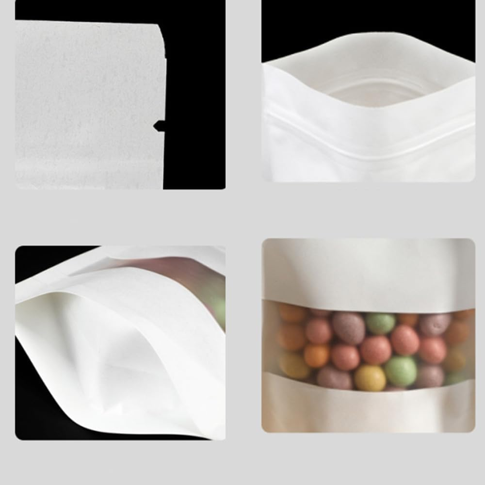 Naisfei 5.5 * 7.8In White Paper Bags,50 Pcs with Transparent Window, Kraft Paper Bags, Zipper Pouches, Reusable Stand-Up Bags, for Candy Coffee Beans Storage Tea