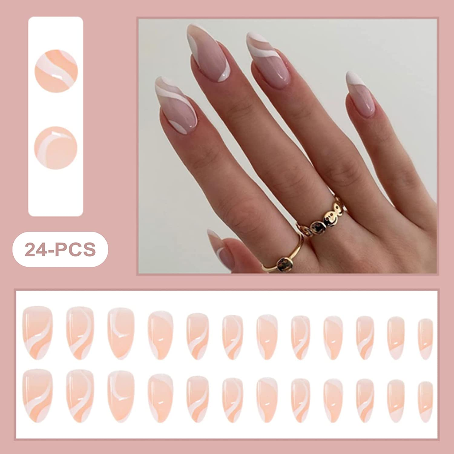 24-PCS French Tip Almond Press on Nails Medium Fake Nails White Line Coffin Press on Fake Nails Glossy False Nails Full Cover Acrylic Nails for Women & Girl image number 5