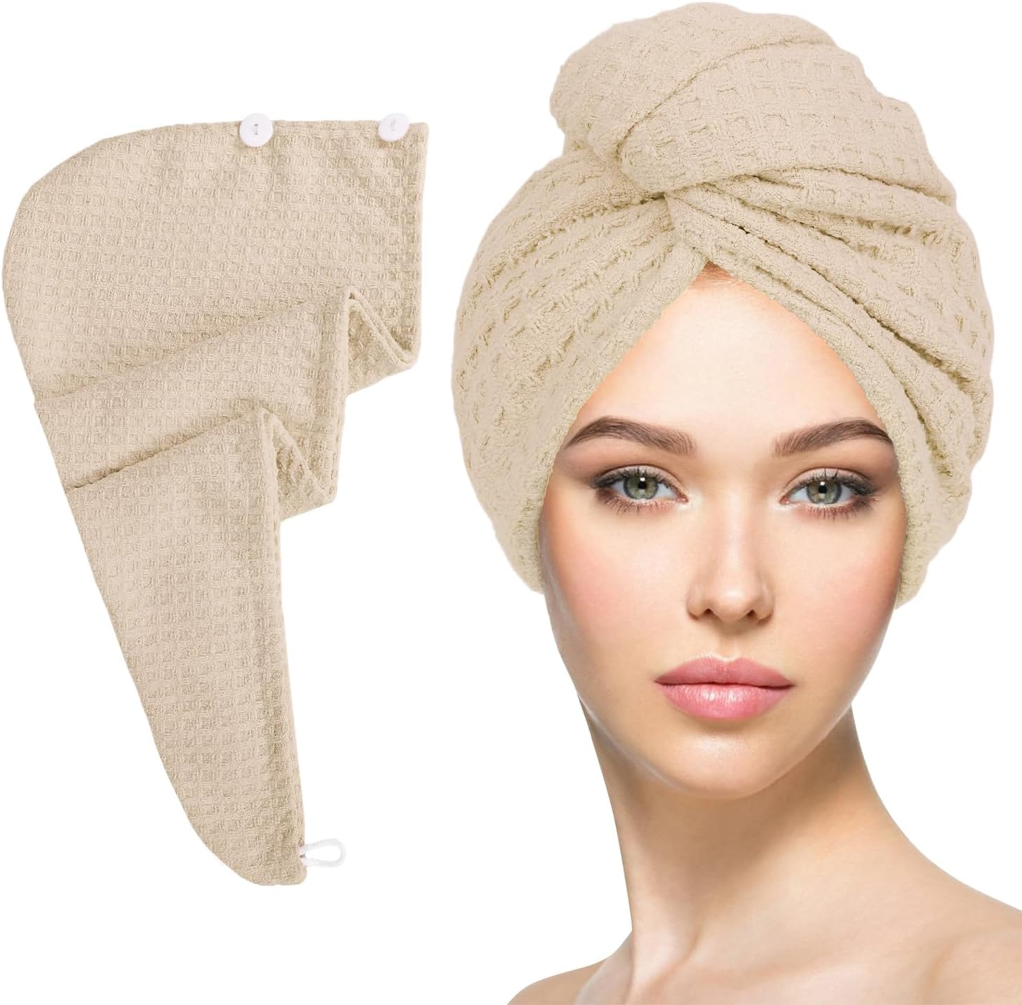 Microfiber Hair Drying Towel with Button 1Pack Khaki Waffle Long Hair Head Wraps Twist Plopping Curly Shower Turban Terry Cloth Fast Absorbent Dry anti Frizz Hair Wraps for Women Wet Hair image number 1