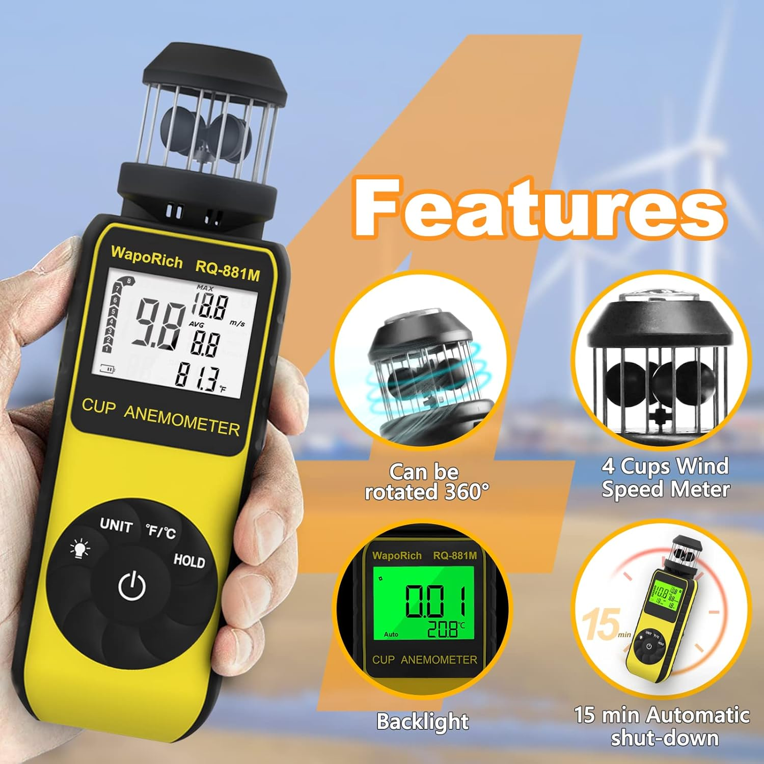 Pocket Anemometer RQ-881M Handheld Anemometer Update Wind Meter with 360&deg; Rotation Any Wind Direction for Measuring Wind Speed, Temperature with LCD Backlight for Shooting, Drone Flying-2022 Newest image number 4