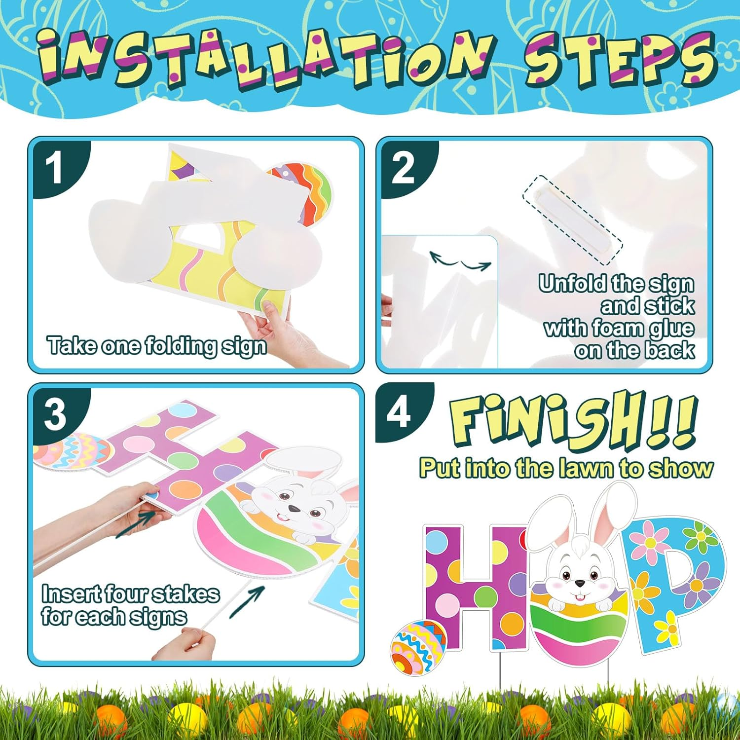 Yalikop 4 Pcs Happy Easter Yard Signs Decorations Outdoor Lawn Decorations Eggs Yard Stake Sign Bunny Outdoor Decorative Stake Signs with 16 Plastic Stakes for Garden Easter Party Supplies Prop