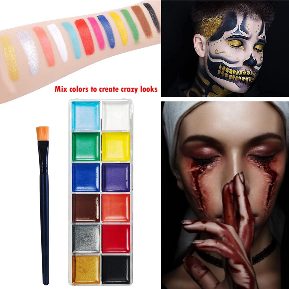 Halloween Make up Set, Artificial Blood, Encrusted Artificial Blood, Skin Wax & 12 Colours Face Painting & Sponge & Brush, for Halloween Parties, Costume Parties, Carnival, Zombie Vampire Wounds, Scars Make-Up