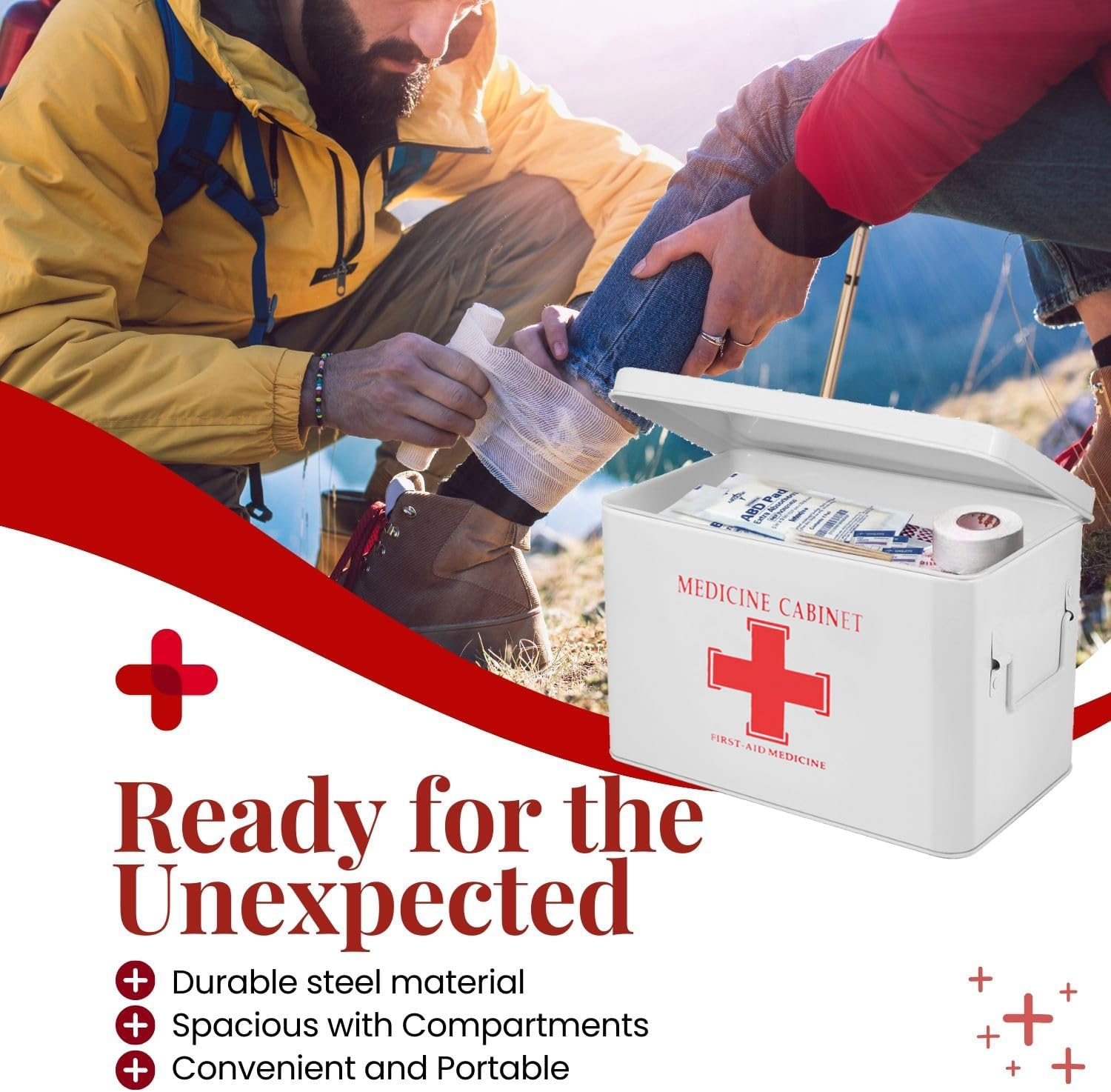 Flexzion First Aid Box Organizer Empty 13" White Vintage First Aid Kit Tin Metal Medical Box - First Aid Storage Box Container Bins with Dividers, Removable Tray and Red Cross Logo