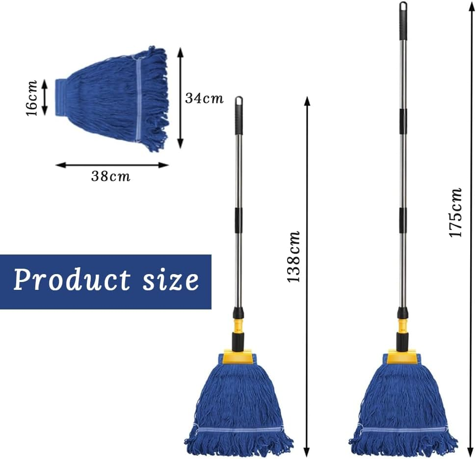 Commercial Mop, Long Handle Heavy Duty Loop Cord, Industrial Cotton Dust Removal Tool with Spare Mop Heads, Suitable for Warehouse, Workshop, Garage, Office and Home Floor Cleaning image number 2