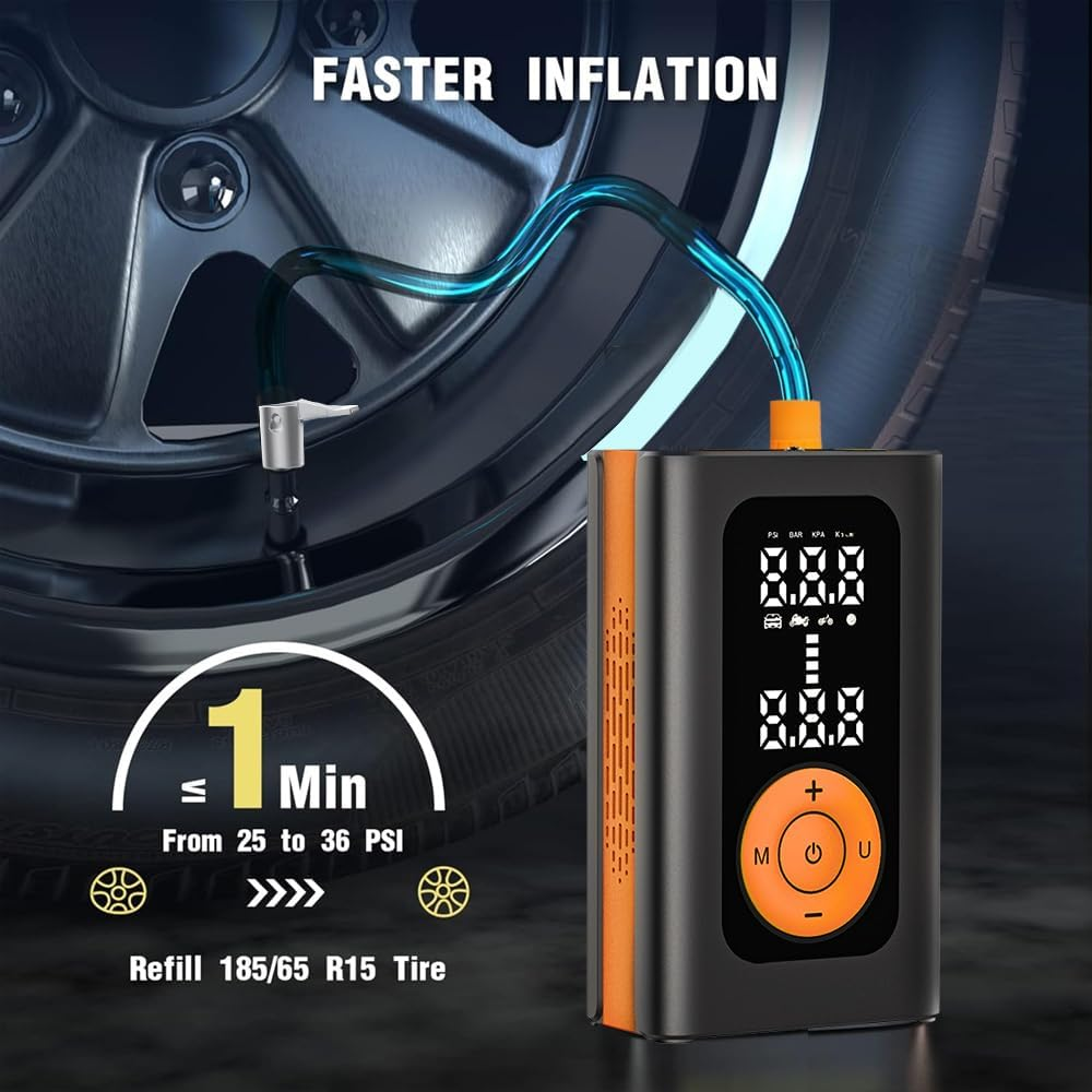 Tyre Inflator Portable Air Compressor,Cordless Air Pump,Led Lighting and Accurate Pressure,1 Min Fast Inflate,Electric Tire Pumpwith LCD Digital Tyre Electric Bike Pump for Car,Bike,Balls,Motorcycle image number 4