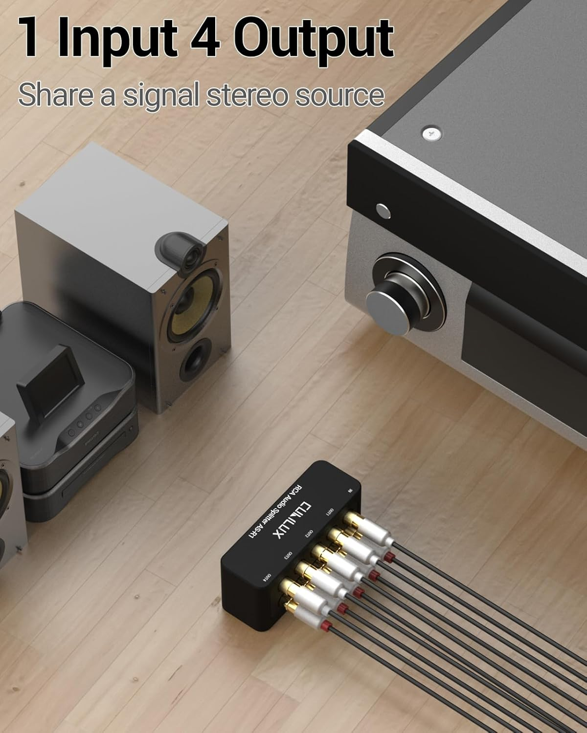 Cubilux AS-R1 4 Way RCA Audio Splitter Box, 4-Channel Stereo RCA Splitter, Passive Audio RCA Splitter-Made with Aluminum Alloy (1 in 4 Out) image number 3