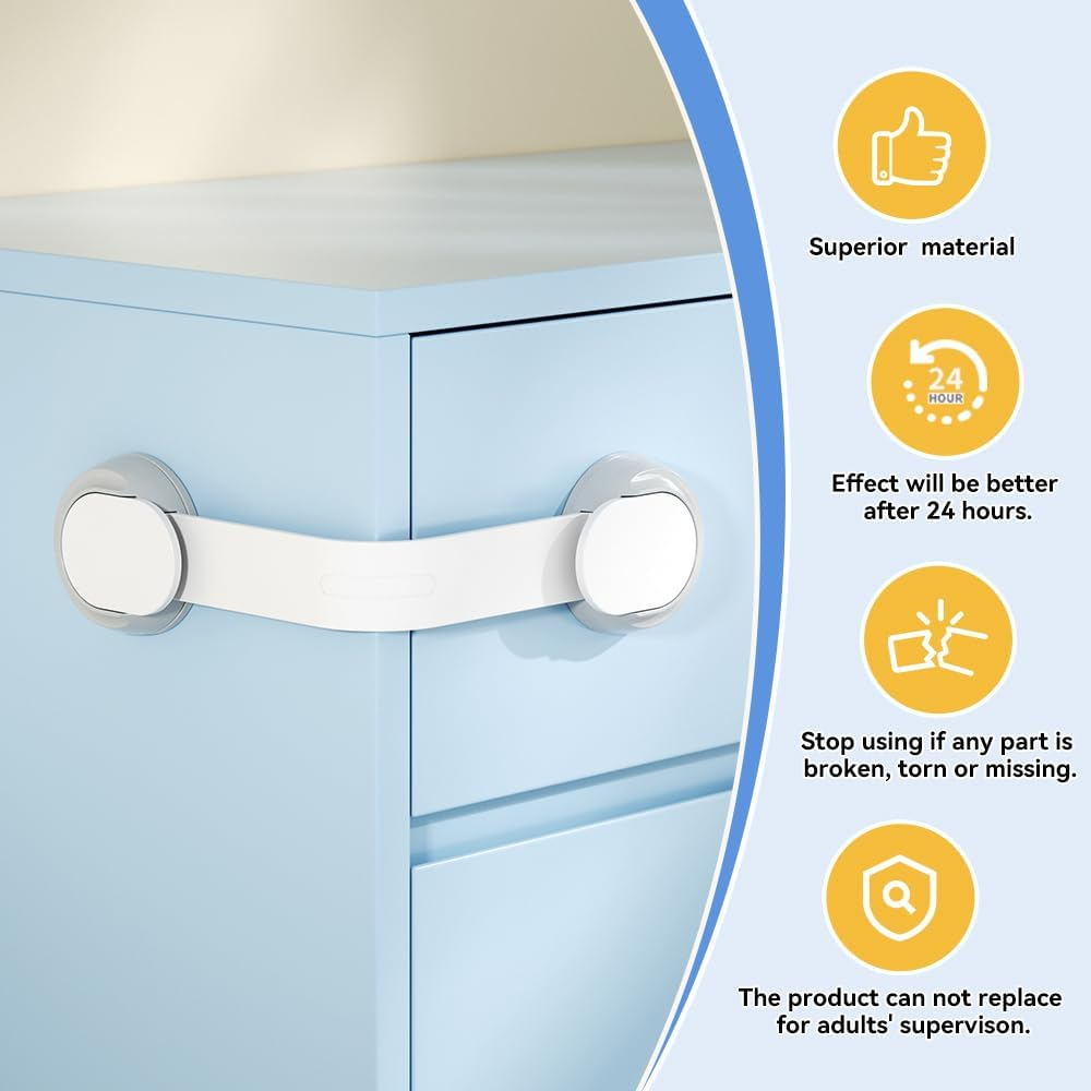 SAFELON 6 PCS Child Safety Locks, Cupboards Straps Locks, Baby Safety Drawer Locks, Childproof Locks for Cabinets, Kitchen, Toilets, Cupboard, Easy Install, No Tools Needed (White) - White image number 3