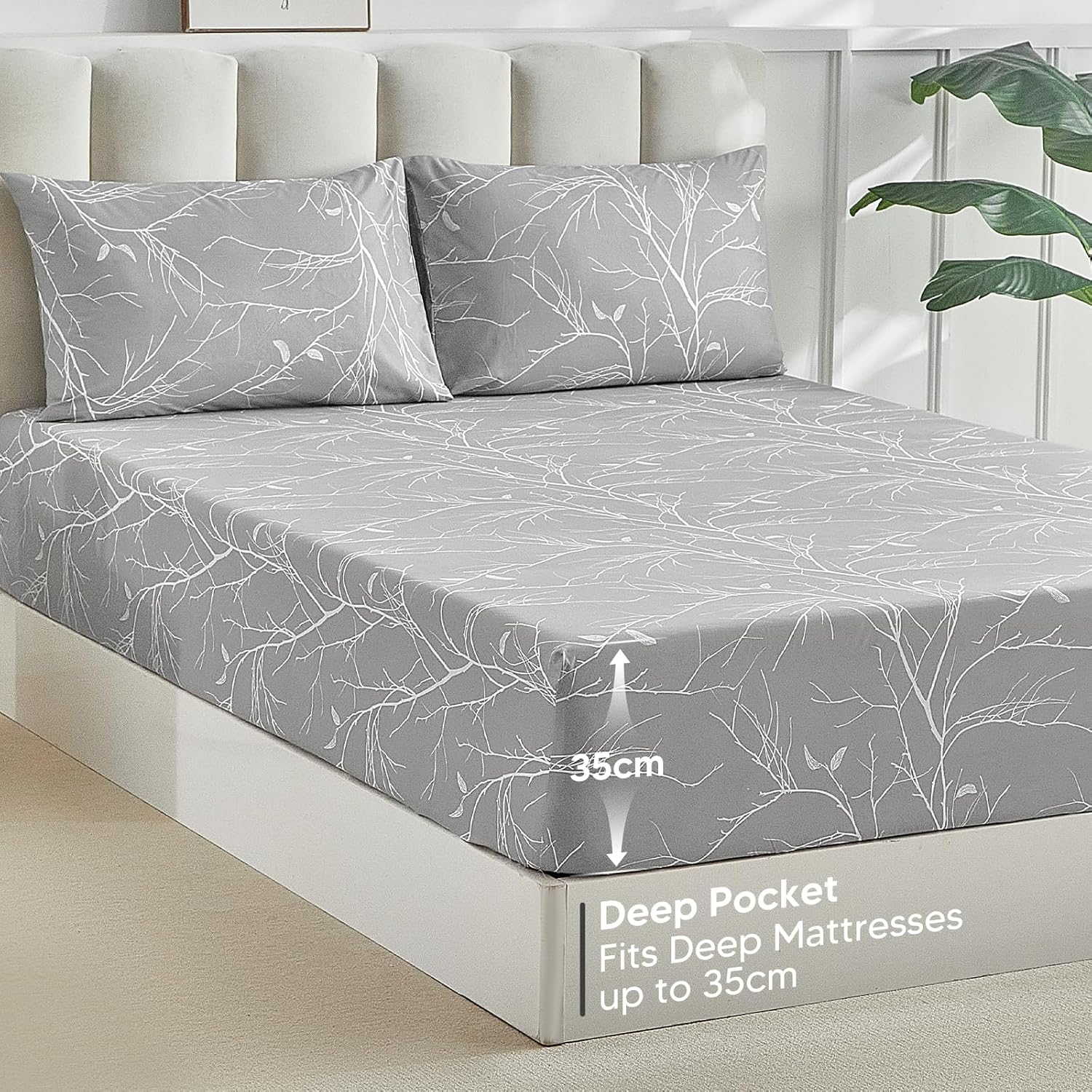 Tokokimo Fitted Sheet 160 X 200 Cm, 35 Cm Large Pockets with 2 Pillowcases 50 X 80 Cm - Soft, Double-Sided Microfibre Duvet Cover with Branch Motif, Grey/White image number 6