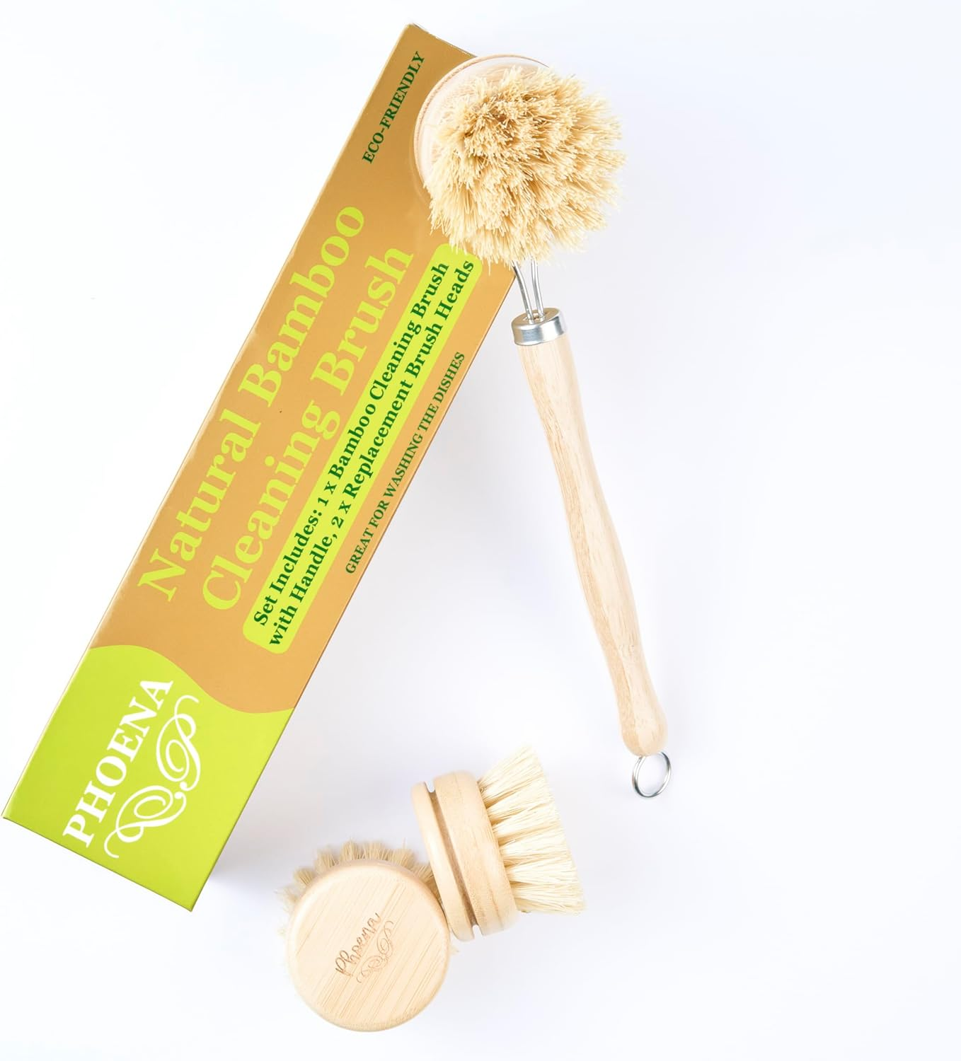 PHOENA Dishwashing Brush Dish Brush Bamboo Wood Dish Brushes with Handle, Premium Quality, Replaceable Brush Heads, Cleans Dishes, Eco-Friendly