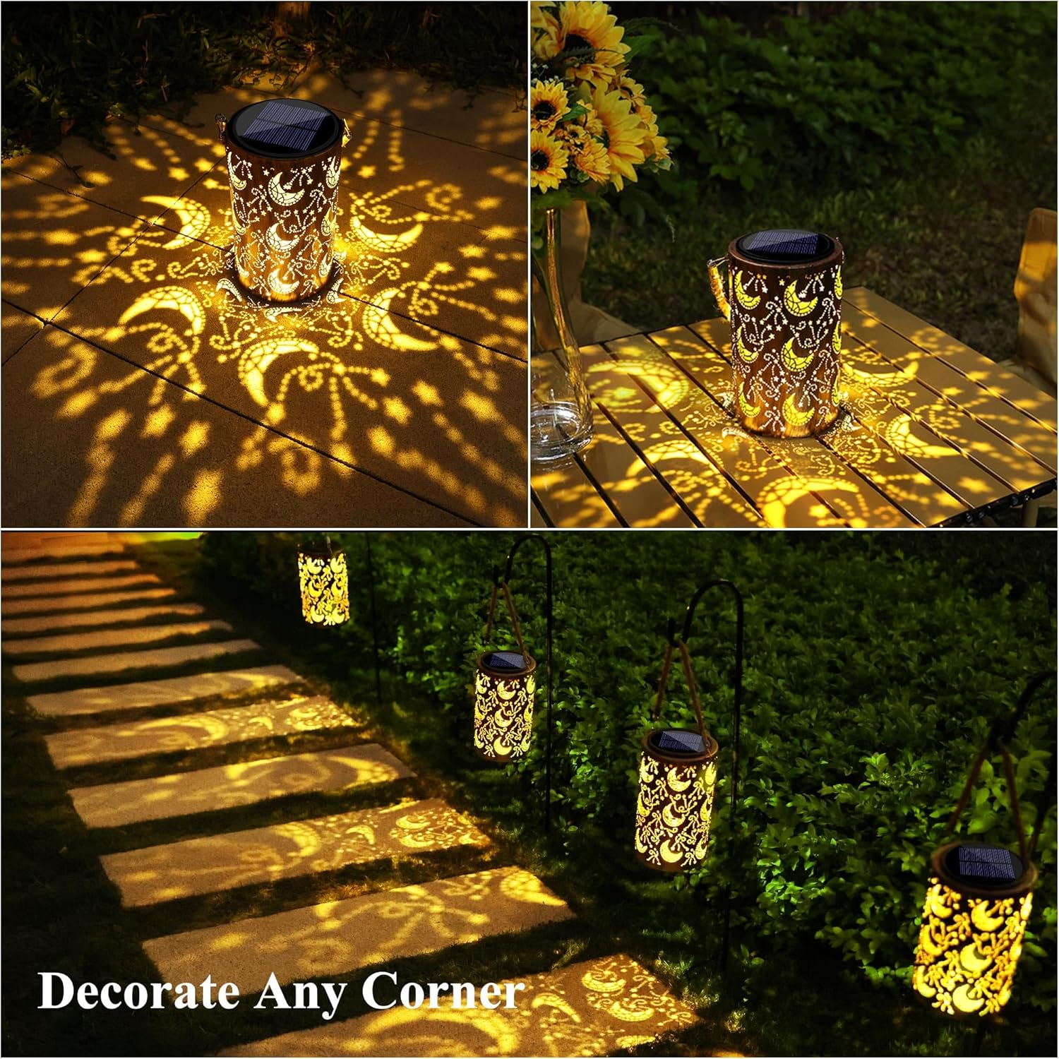 Toodour Solar Lantern Outdoor, Hanging Solar Outdoor Lights Garden Decor, Waterproof Hollow Out Retro Metal Moon Decorative Lights for Patio, Balcony, Yard, Walkway, Landscape, Outdoor Decor image number 4