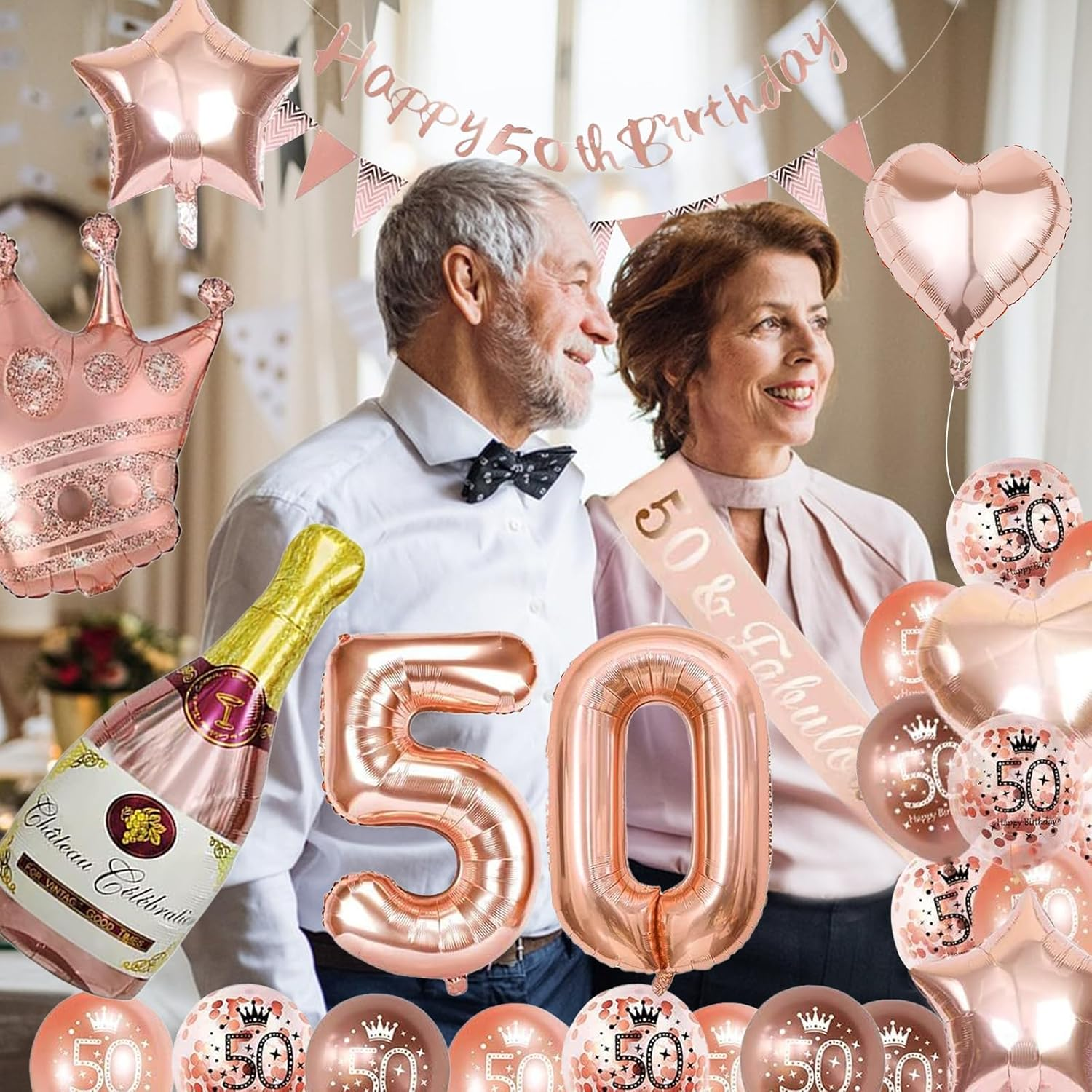 Xugoox 37 Pcs Rose Gold 50Th Birthday Decorations with Happy 50Th Birthday Banner, Rose Gold 50Th Birthday Balloons Star Heart Balloons, Cake Topper, Sash for Women 50 Years Old, Fifty Birthday Decor image number 3