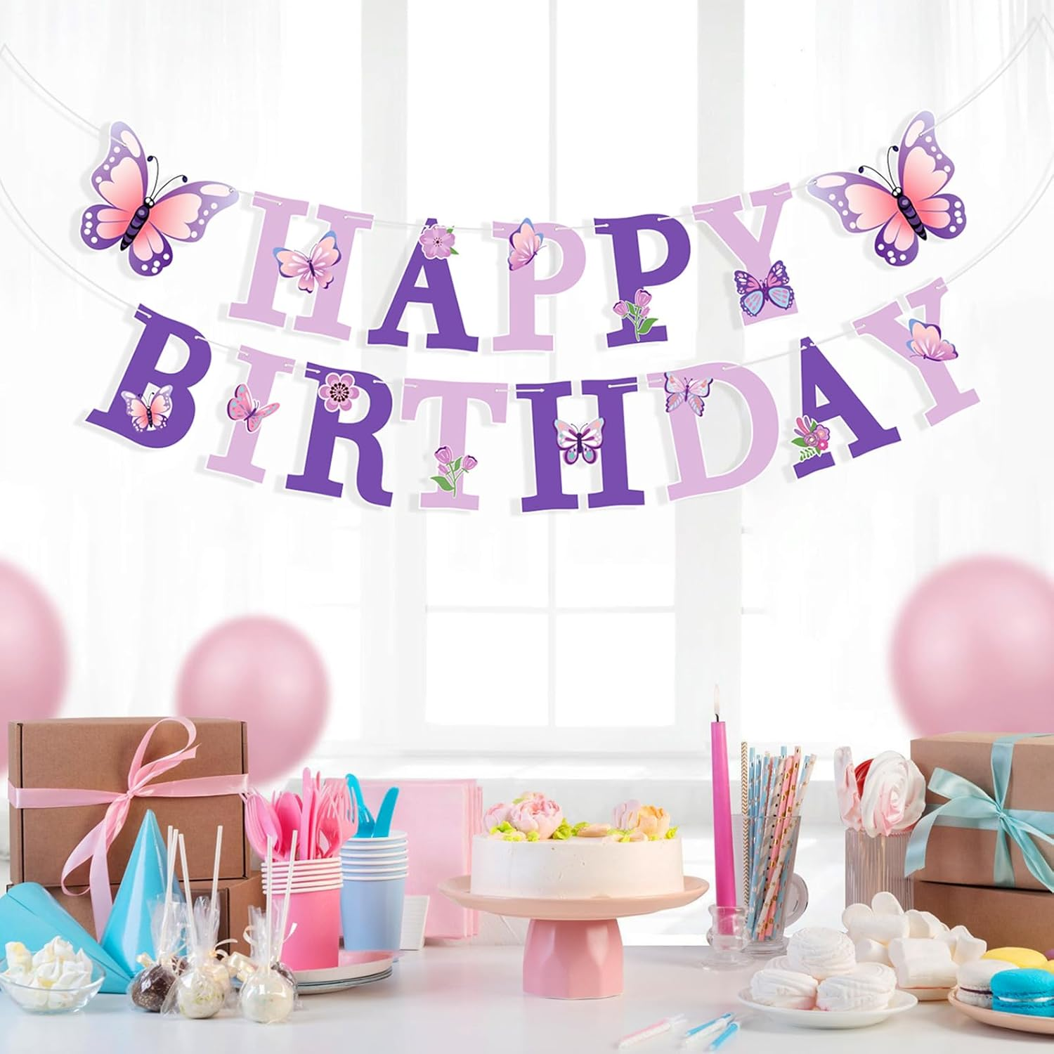 Butterfly Birthday Party Decorations Set, 19 Pieces, Purple and Pink Banner with Hanging Swirls and Cupcake Toppers image number 2