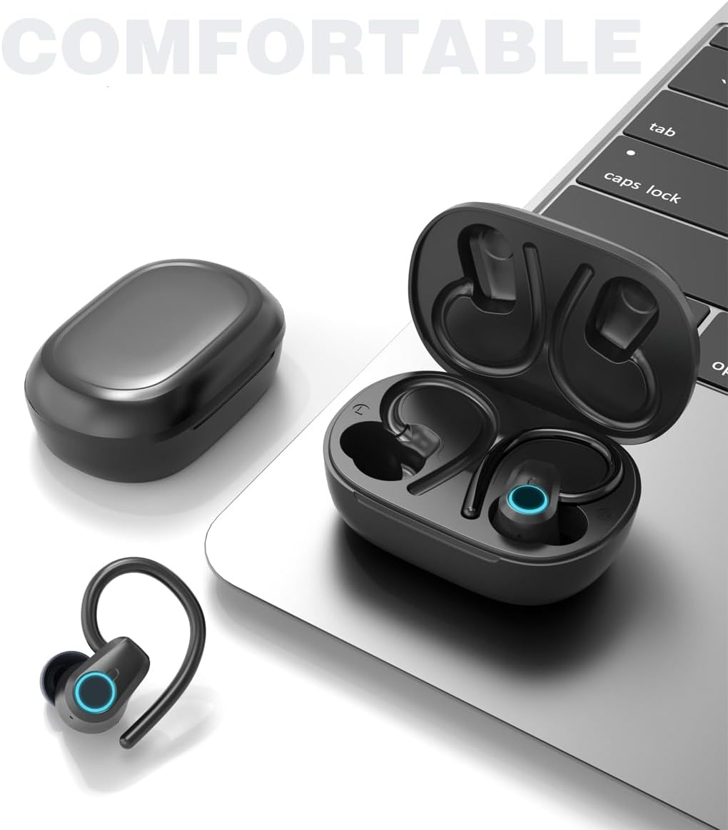 Satyamarket HE-059 Wireless Earbuds | Bluetooth 5.3 Sport TWS with Earhooks, Dual LED Display, Deep Bass Stereo Noise Cancelling, Works with Iphone, Android, and Bluetooth Devices - Black