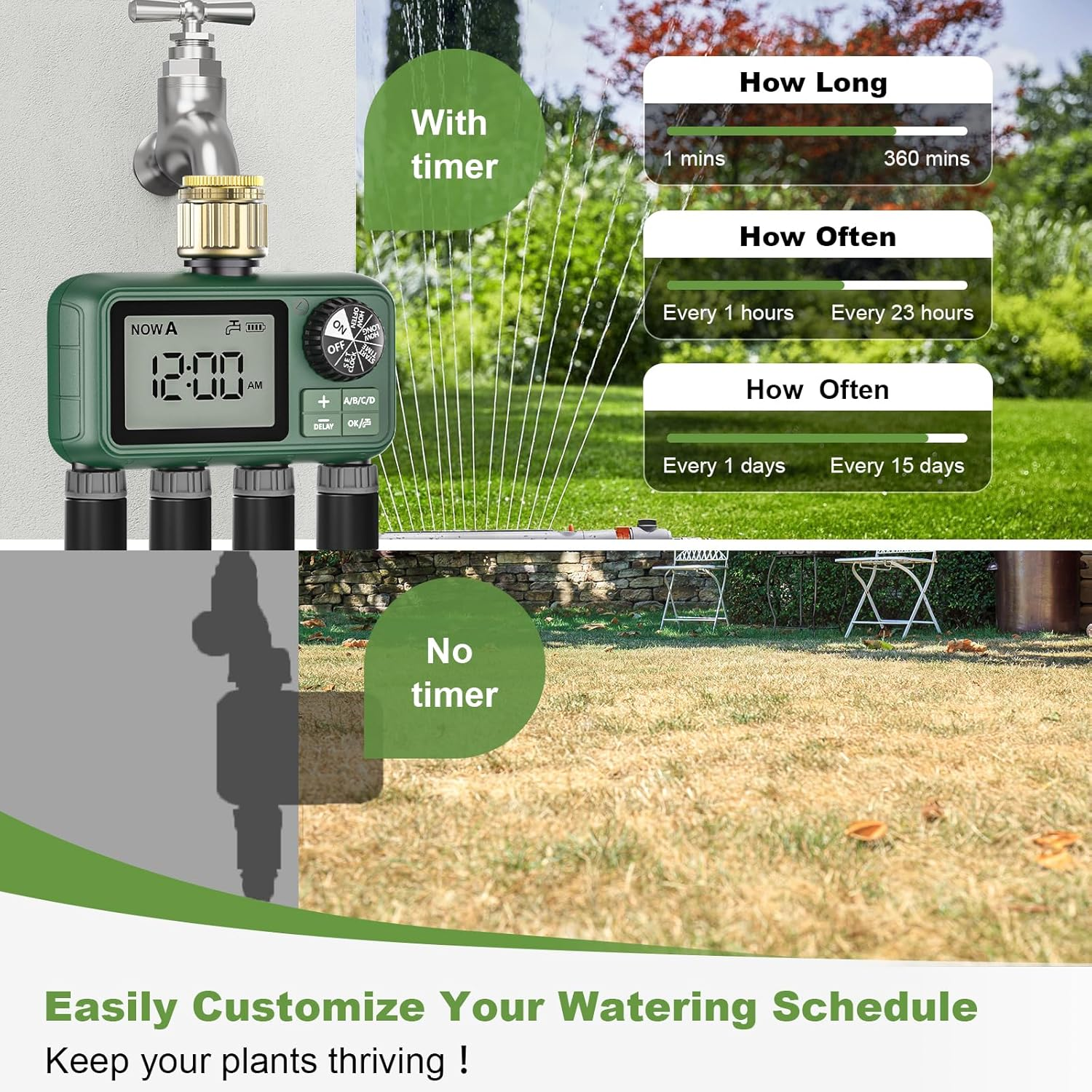 Sprinkler Timer Brass 4 Outlet, Programmable Water Timer for Garden Hose Faucet, Waterproof Gardening Supplies, Automatic Drip Irrigation System Outdoor with Sprinklers for Yard, Lawn, Greenhouse