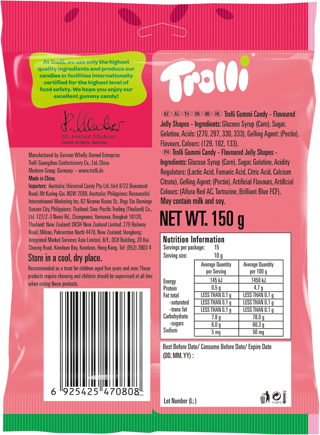 Trolli Sour Watermelon Slices 150 G &ndash; Chewy Fruity Gummi Candy, Sweet and Tangy Watermelon Flavour, Gluten-Free Lollies, Party and Snack Pack